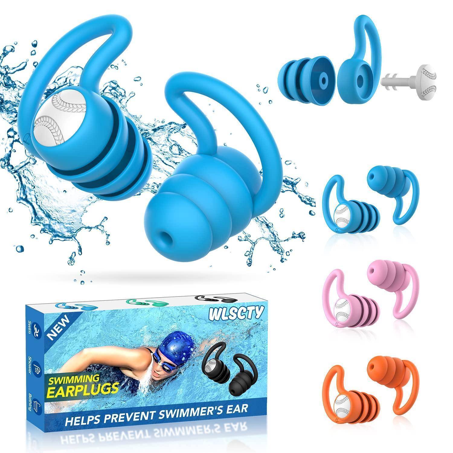 Werbeabbildung von WLSCTY Schwimm-Ohrstöpseln in Blau, Schwarz, Rosa und Orange, dargestellt mit Wasserspritzer und Produktbox mit der Aufschrift „SWIMMING EARPLUGS