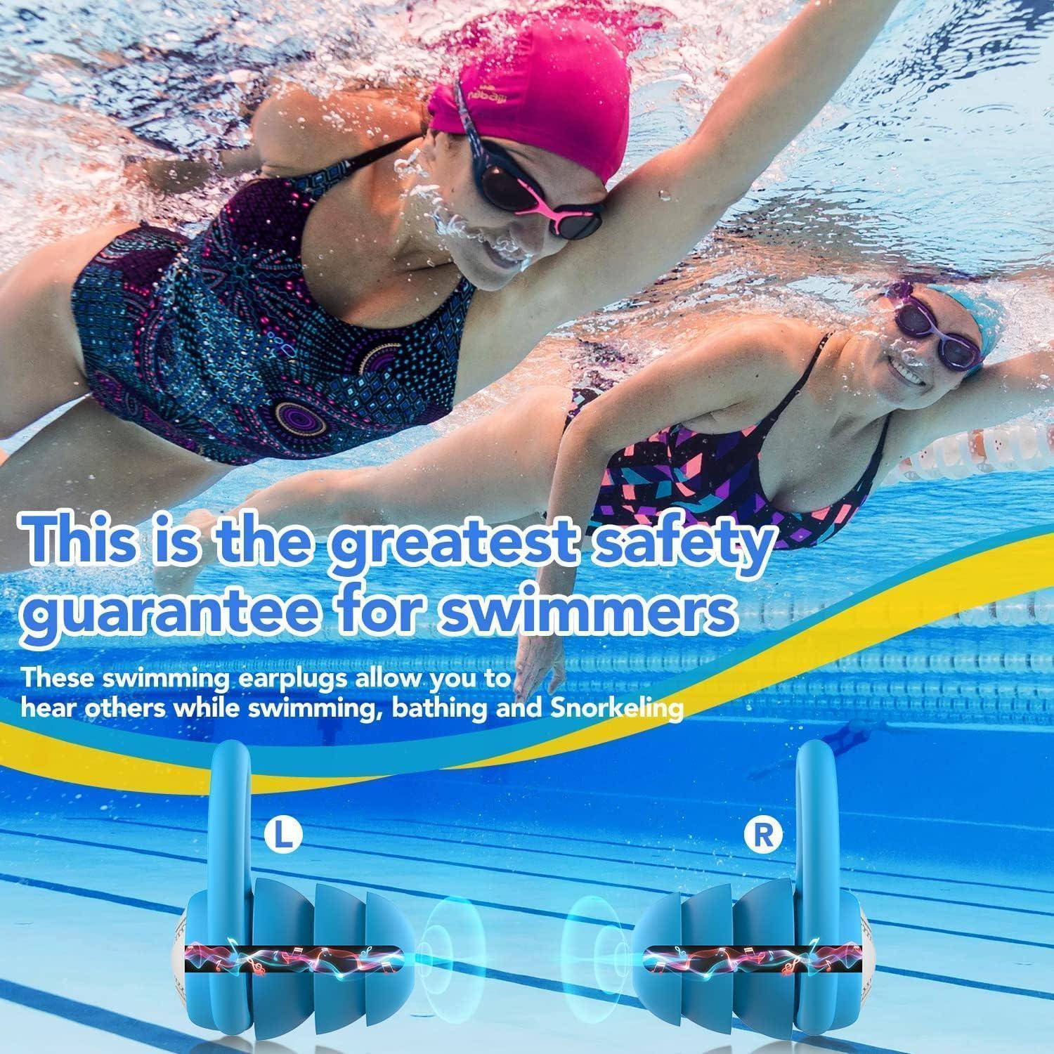Werbebild von zwei Frauen, die unter Wasser schwimmen, mit dem Text: „Das ist die größte Sicherheitsgarantie für Schwimmer