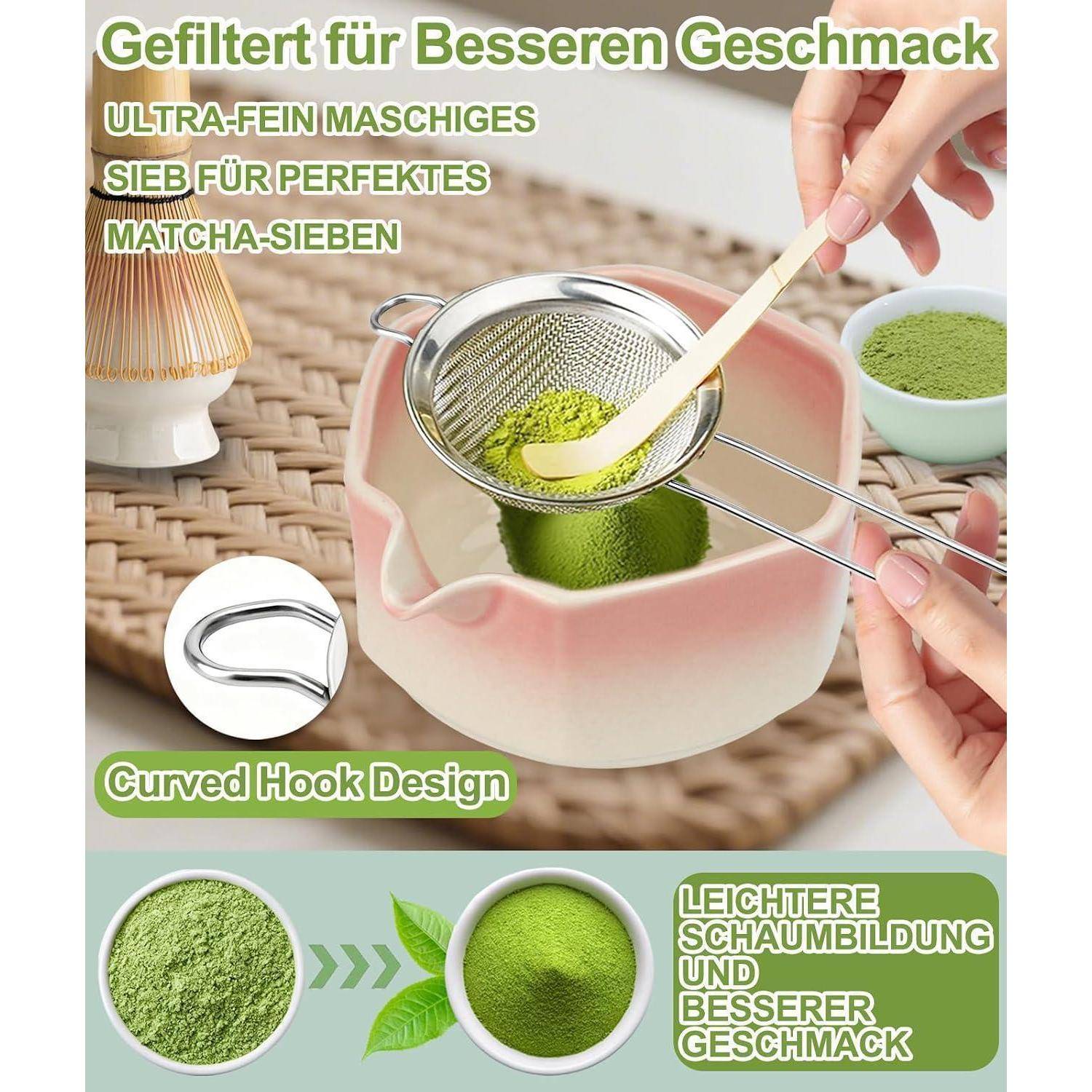 JBER Matcha Set, Matcha Besen Set 7-Teiliges - Bambus Matcha Besen und Besenhalter, Matcha Schale mit Auslauf, Sieb, Löffel und Halter, Japanisches