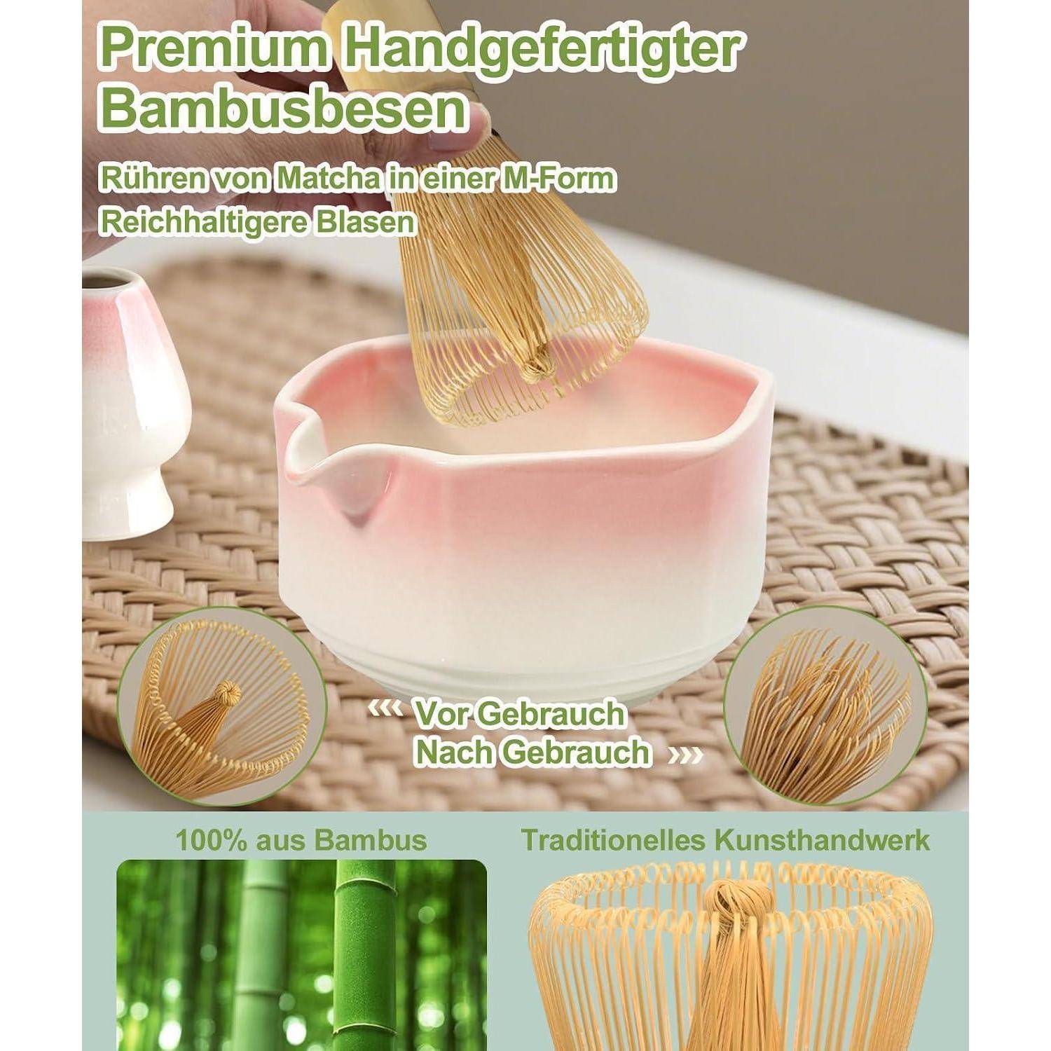 JBER Matcha Set, Matcha Besen Set 7-Teiliges - Bambus Matcha Besen und Besenhalter, Matcha Schale mit Auslauf, Sieb, Löffel und Halter, Japanisches