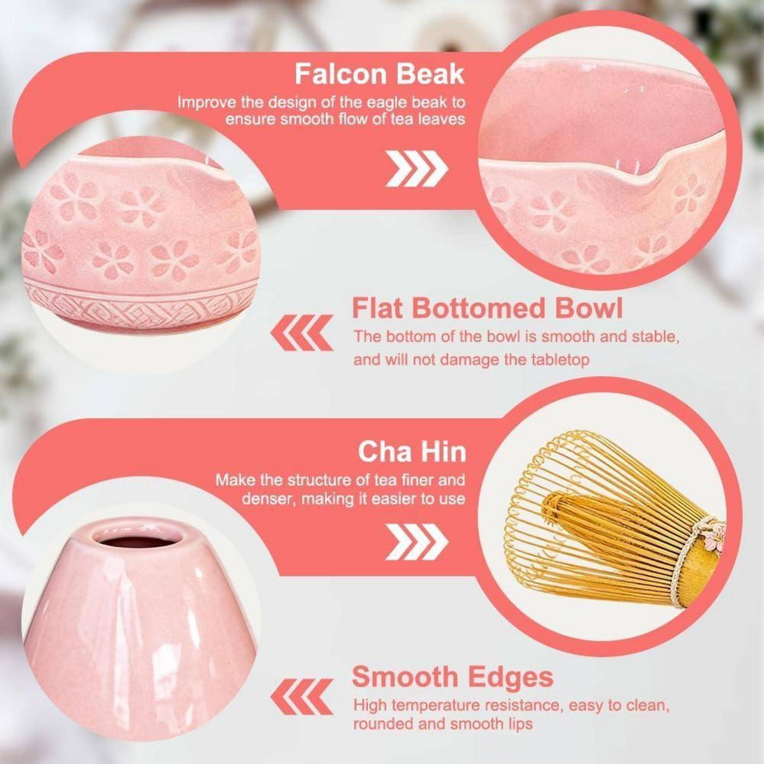 Infografik zur Verbesserung von rosa Teeservice: Falkenschnabel-Ausguss, flachbodige Schale, Cha-Hin-Schneebesen und glatte Kanten für einfacheres Eingießen, Stabilität und Reinigung.