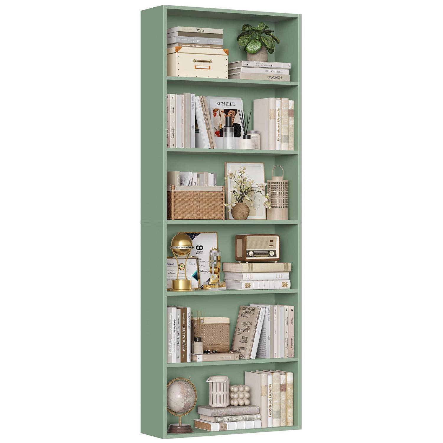 Minzgrünes Bücherregal, gestaltet mit Büchern, Aufbewahrungsboxen, Dekorationsobjekten, Pflanze, Globus und Radio auf sechs Regalen.