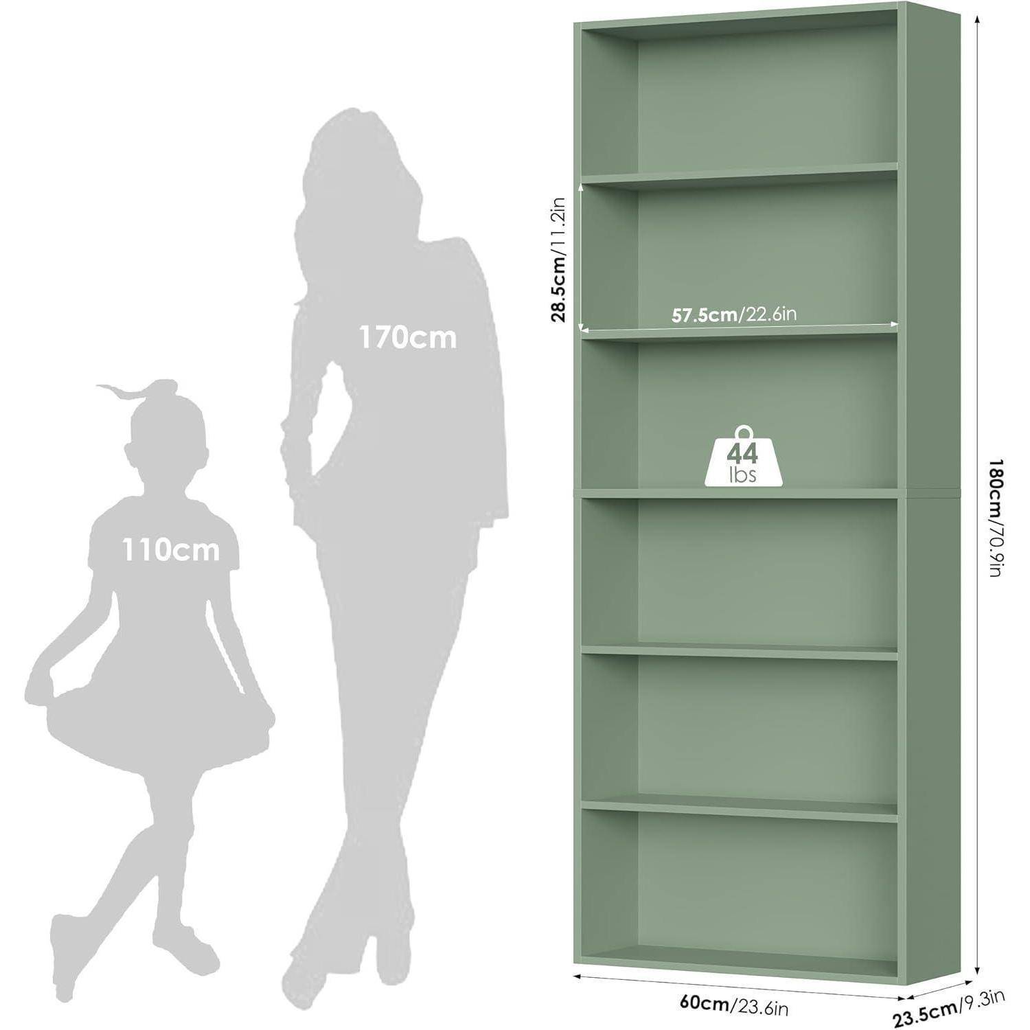 Grünes sechsteiliges Bücherregal mit Größenetiketten: 180 cm hoch, 60 cm breit, 23,5 cm tief, Tragfähigkeit 44 lb, dargestellt neben menschlichen Silhouetten von 110 cm und 170 cm zur Größenangabe.