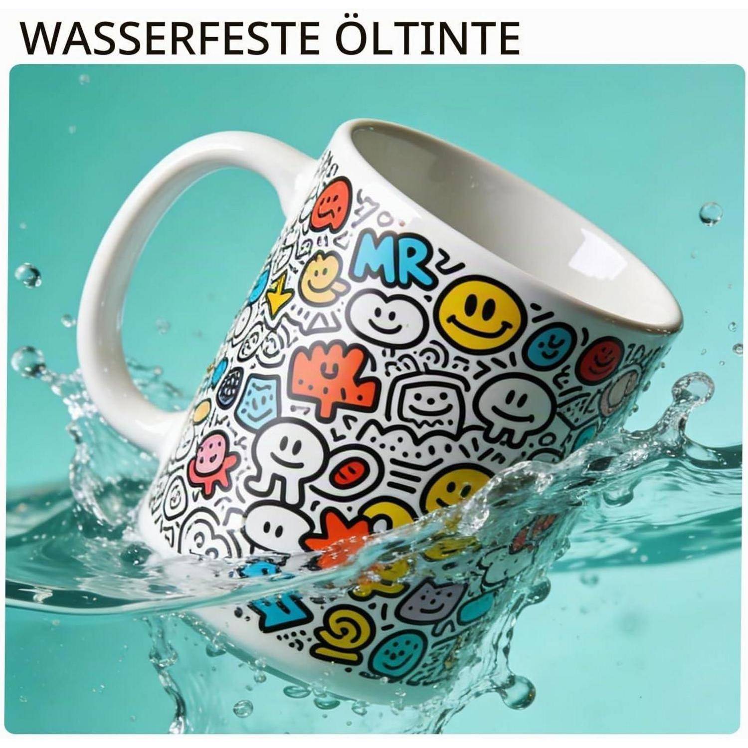 Farbenfroher gemusterter Becher mit der Aufschrift „WASSERFESTE ÖL TINTE