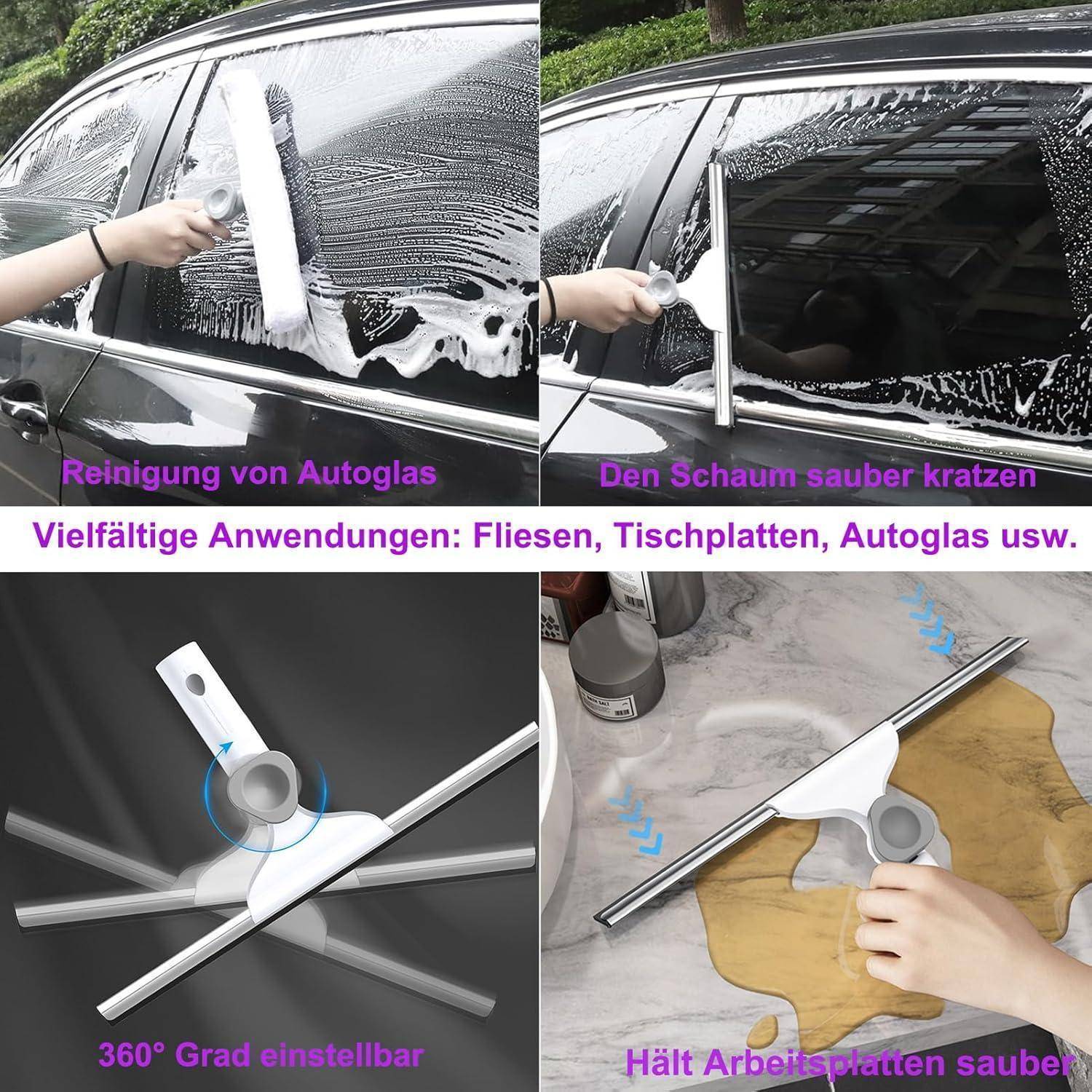 Collage mit einem tragbaren Fensterabzieher/Reiniger, der Schaum von einem Autofenster entfernt und Glas, Fliesen und Arbeitsplatten reinigt; der Text hebt die vielseitige Verwendung und 360-Grad-Verstellbarkeit hervor.