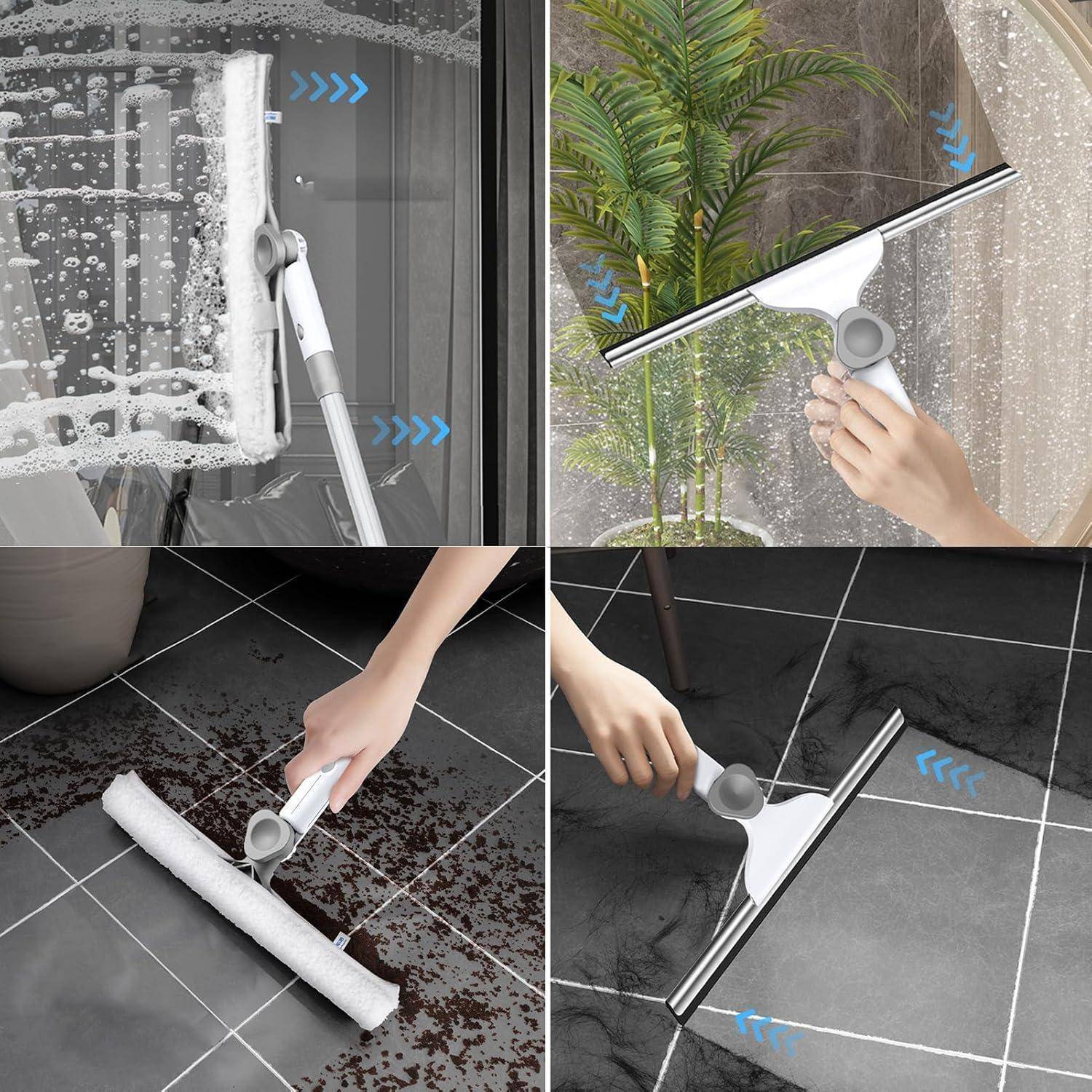 Collage mit einer Hand, die einen Abzieher zum Reinigen von Fenstern und Fliesenböden verwendet, um Wasser und Schmutz mit einem vielseitigen Reinigungswerkzeug zu entfernen.