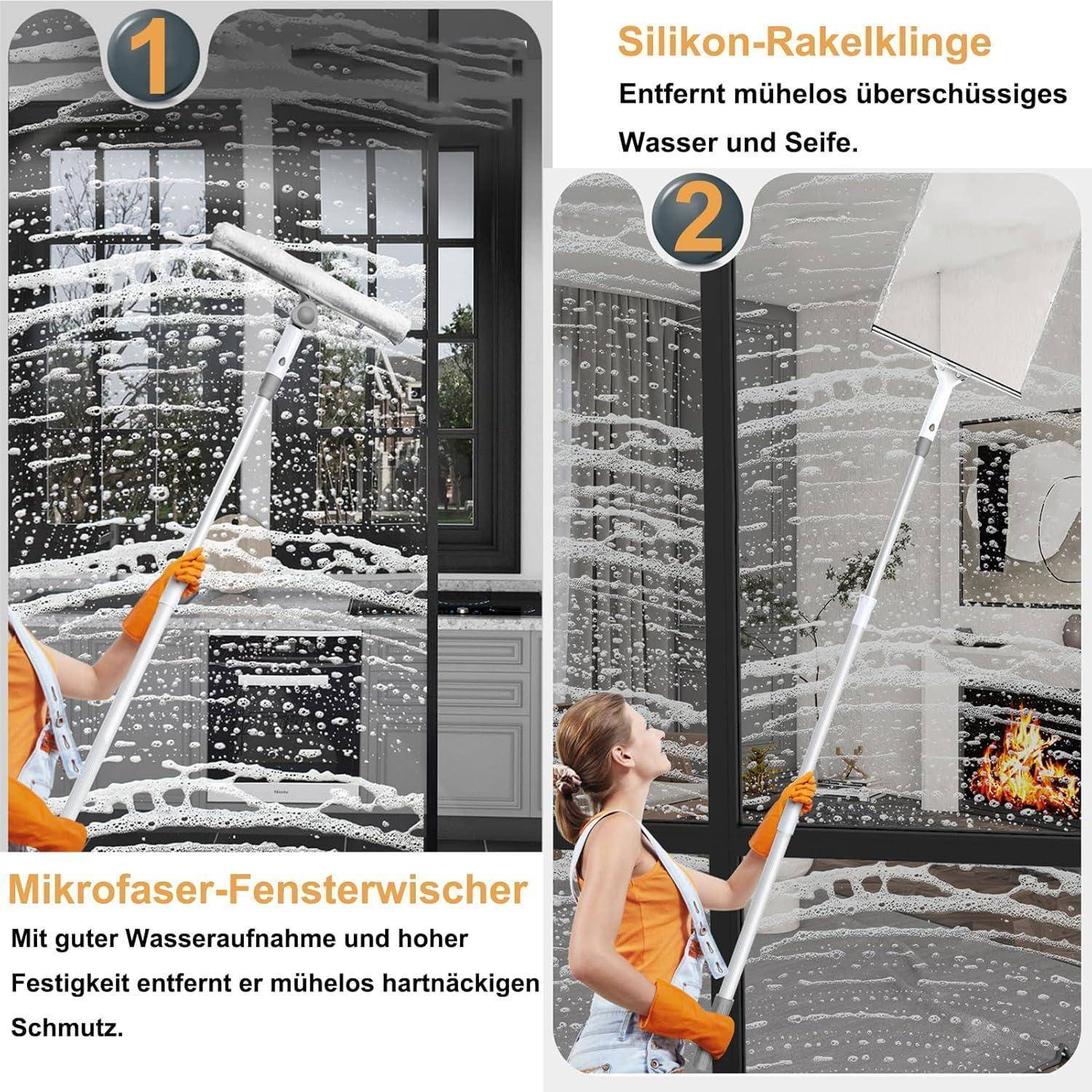 Geteilte Anzeige mit zwei Reinigungswerkzeugen: Ein Mikrofaser-Fensterreiniger entfernt hartnäckigen Schmutz; ein Silikon-Abzieher entfernt überschüssiges Wasser und Seife.