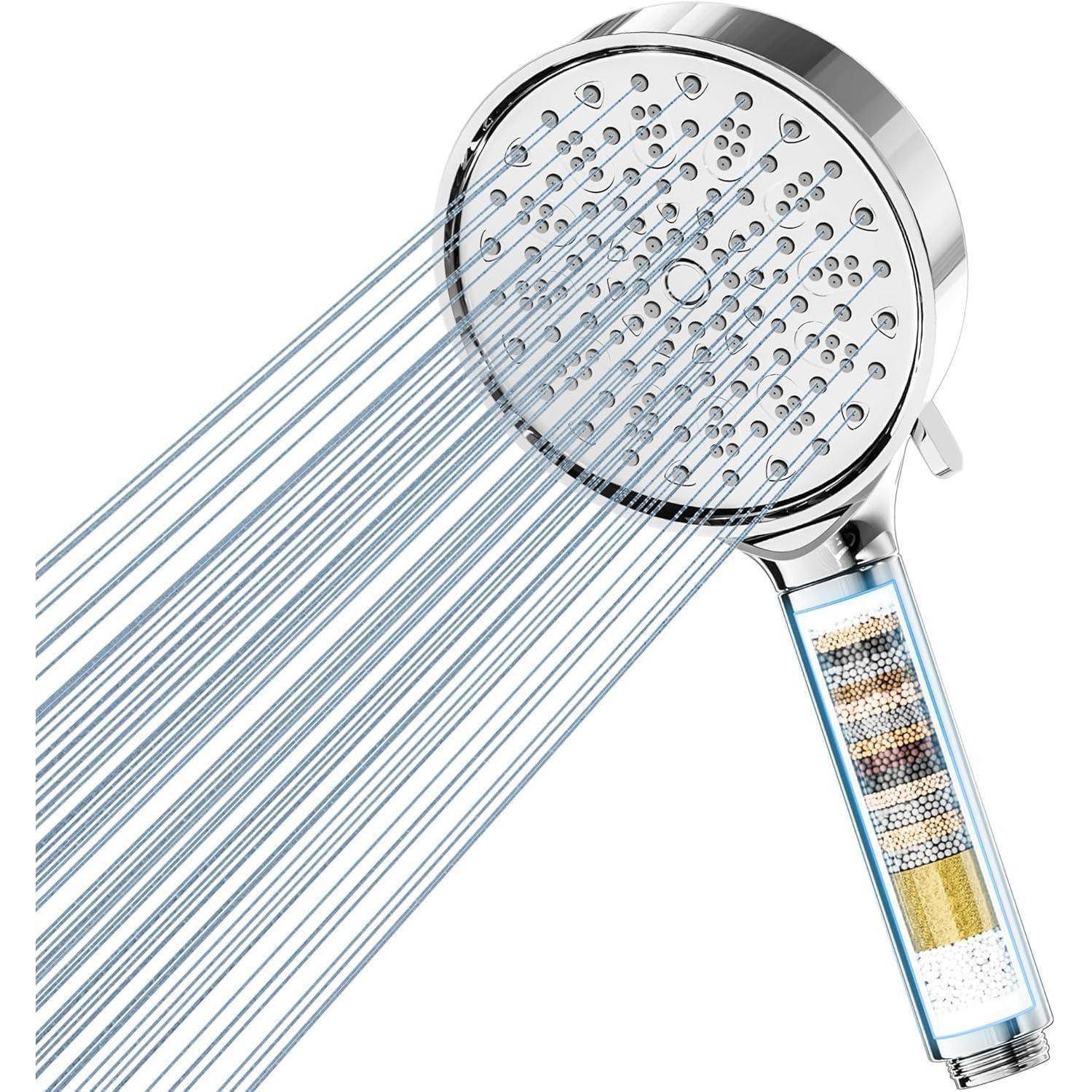 Verchromter tragbarer Duschkopf mit mehreren Wasserstrahlen, mit transparentem Griff, der das eingebaute Filtermaterial zeigt.