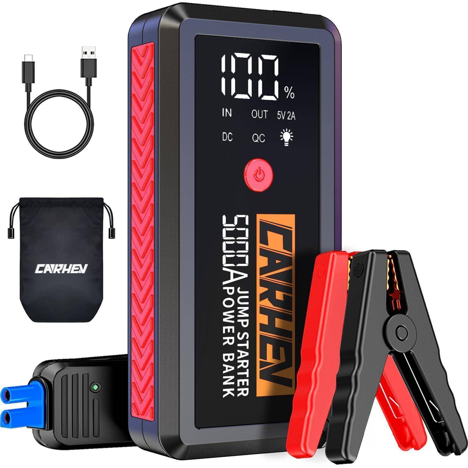 Tragbarer CARHEV-Starthilfegerät-Powerbank mit 100% Ladung, mit USB-Kabel, Aufbewahrungstasche und rot-schwarzen Batterieklemmen.