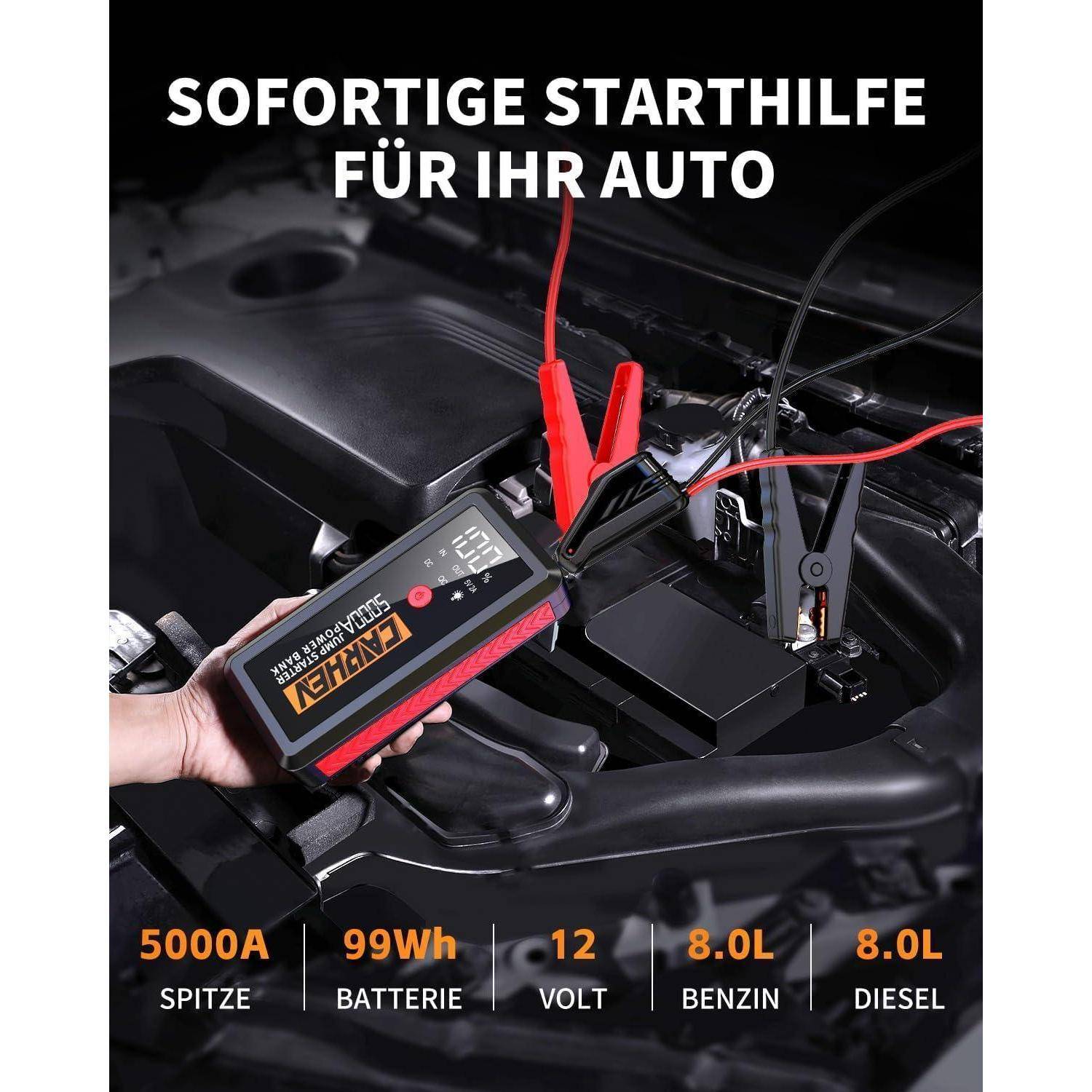 5000A Starthilfe Powerbank für Pkw, Booster Auto Starthilfe, 12V Starter Powerbank(Bis zu 8.0L Benzin Oder 8.0L Diesel) Auto Batterie Booster mit