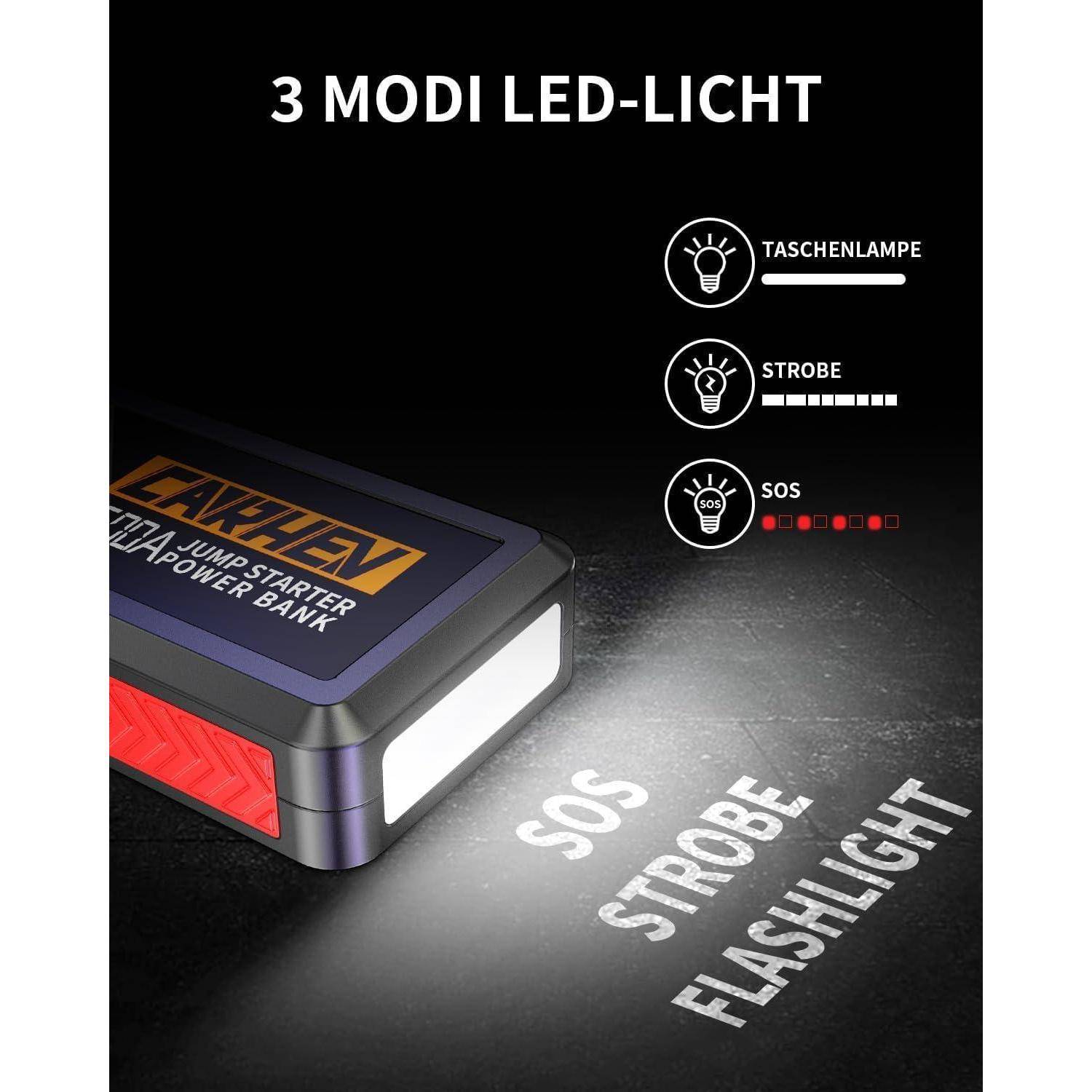 Tragbarer Starthilfegerät-Powerbank mit integrierter LED-Leuchte mit 3 Modi: Taschenlampe, Strobe und SOS.