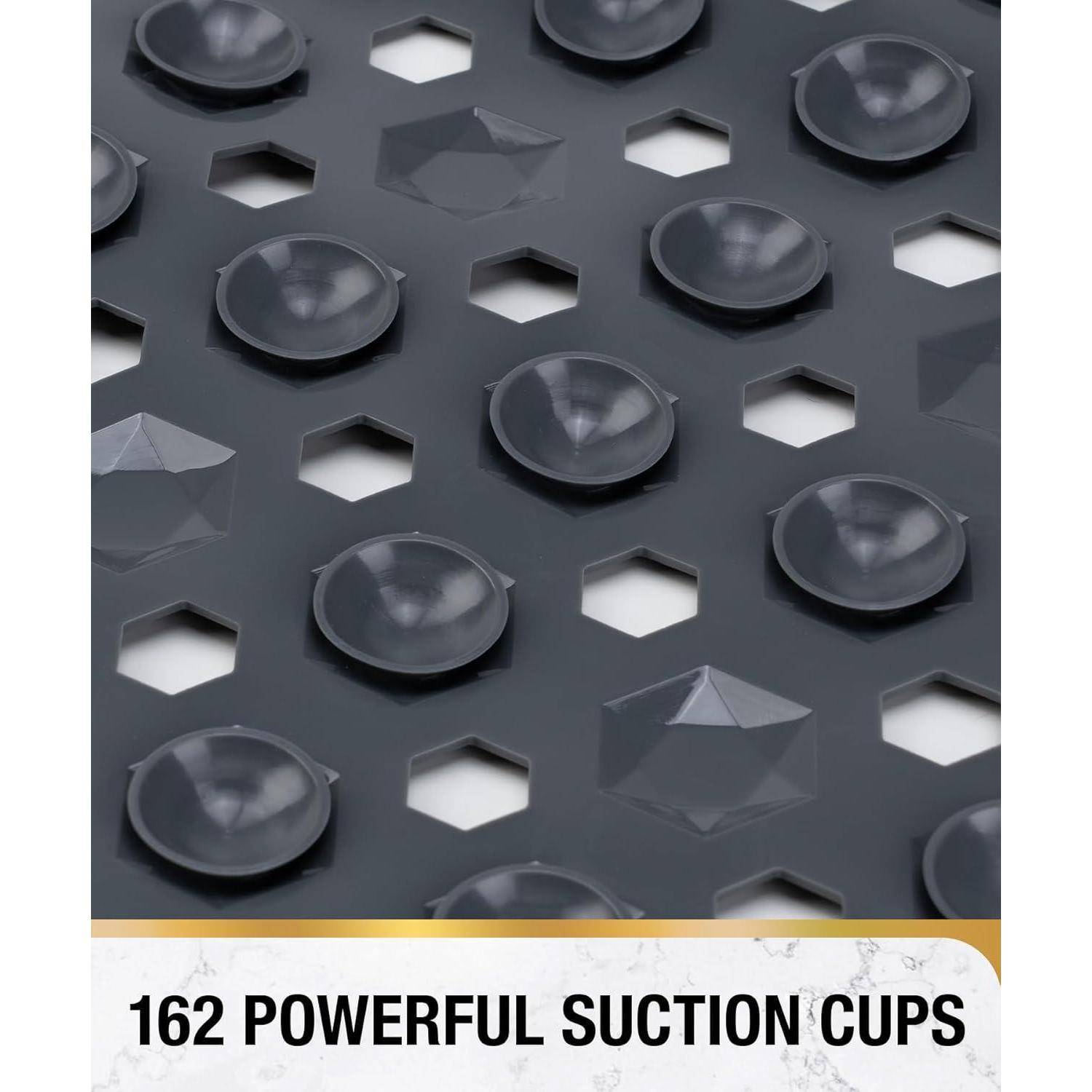 Werbegrafik einer dunklen perforierten Oberfläche, die mit vielen Saugnäpfen bedeckt ist, mit dem Text „162 POWERFUL SUCTION CUPS" (162 LEISTUNGSSTARKE SAUGNÄPFE) am unteren Rand.