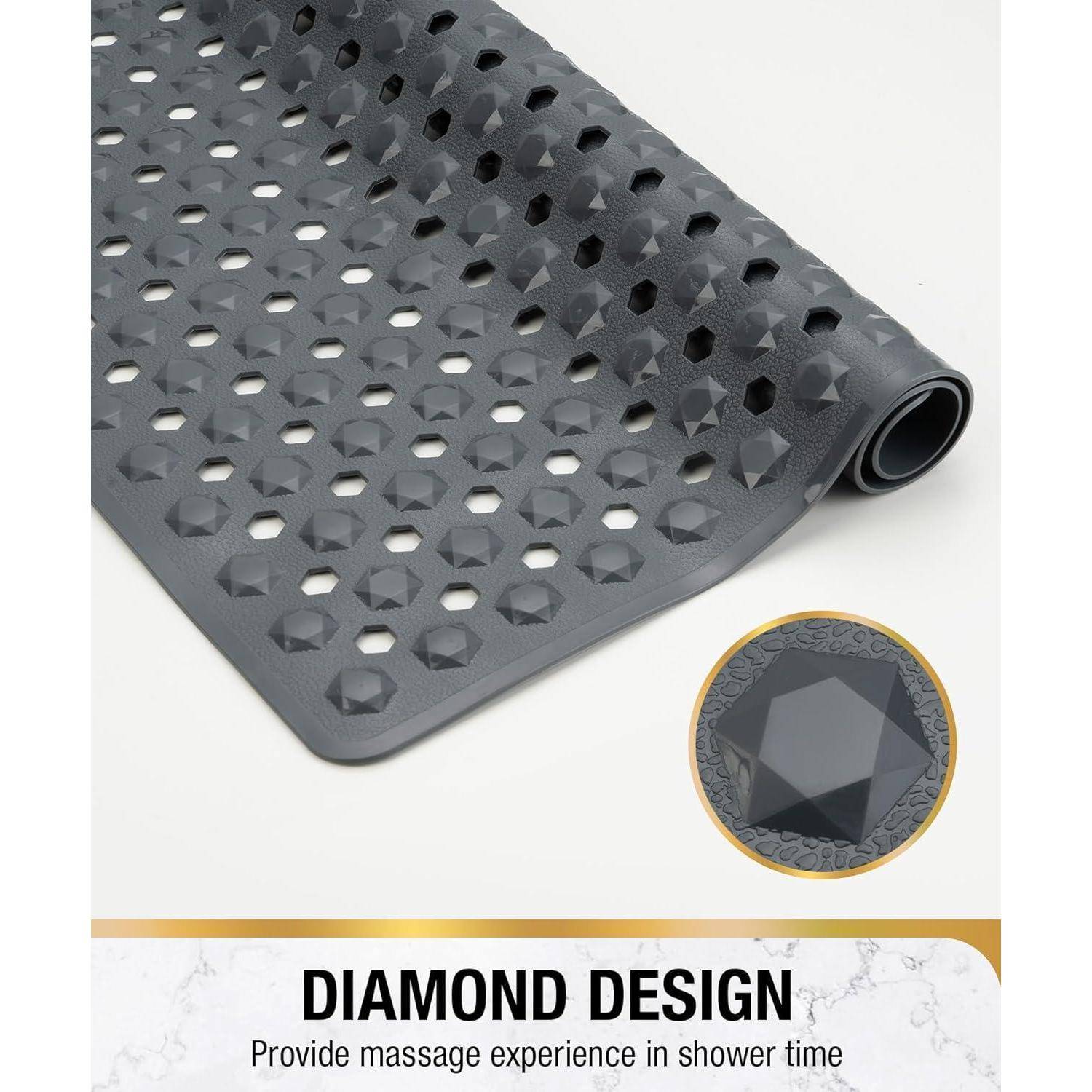 Schwarze Gummiduschmatte mit erhabener Rautenstruktur, gekennzeichnet mit „DIAMOND DESIGN" und „Bietet Massageerlebnis während der Duschzeit"".