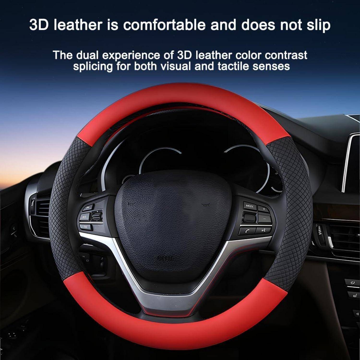 Autoinnenraum mit einem schwarzen Lenkrad mit roten 3D-Ledergriffen, das als bequem und rutschfest beworben wird.