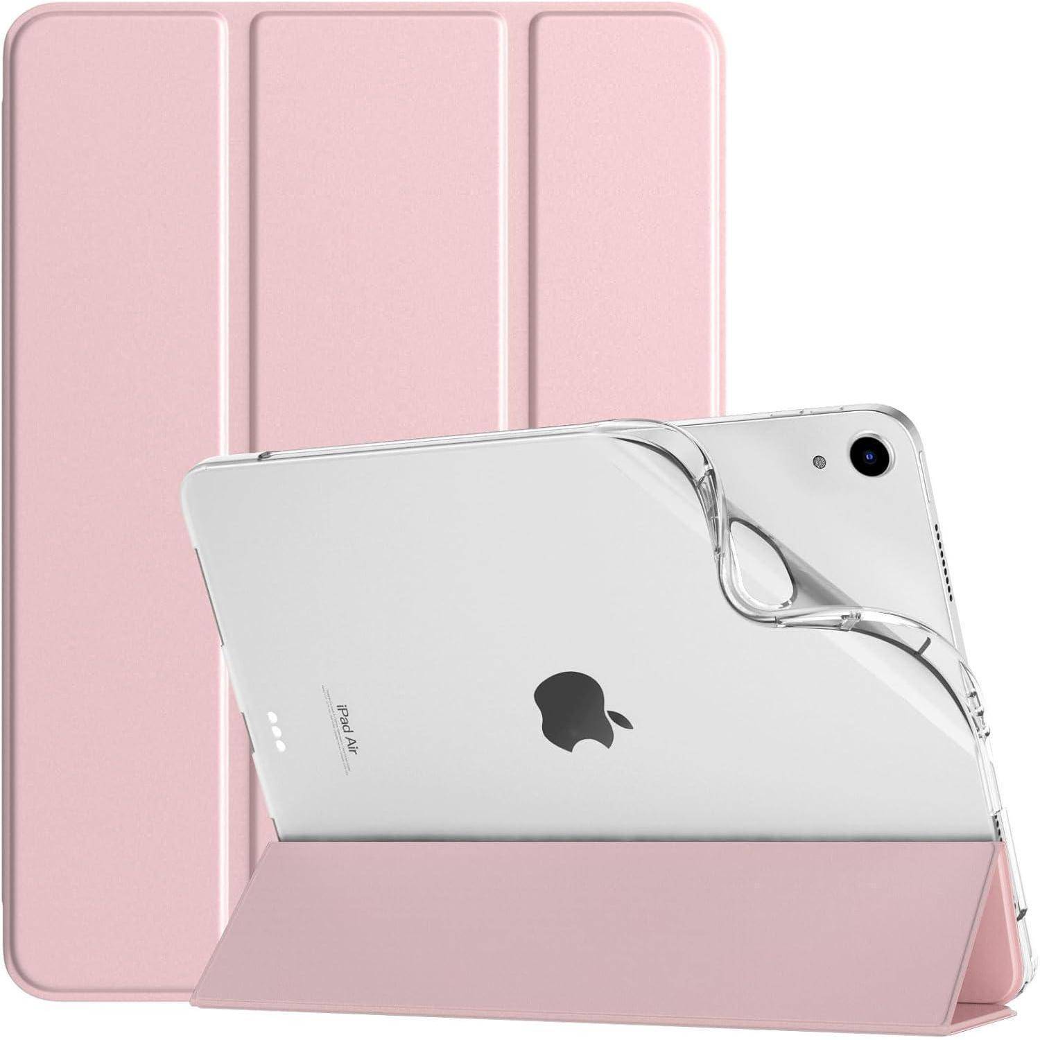 Rosa Tablet-Schutzhülle zum Falten mit transparenter Rückseite, dargestellt mit einem silbernen iPad in Ständerposition.