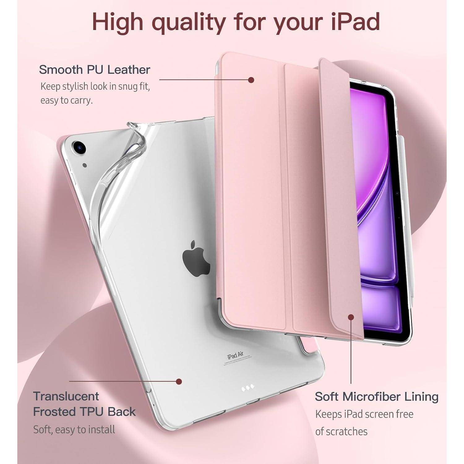 Rosa iPad-Schutzhülle mit schlankem faltbarem Design und durchscheinendem mattiertem Rücken. Der Text hebt PU-Leder, Mikrofaser-Futter und Kratzschutz hervor.