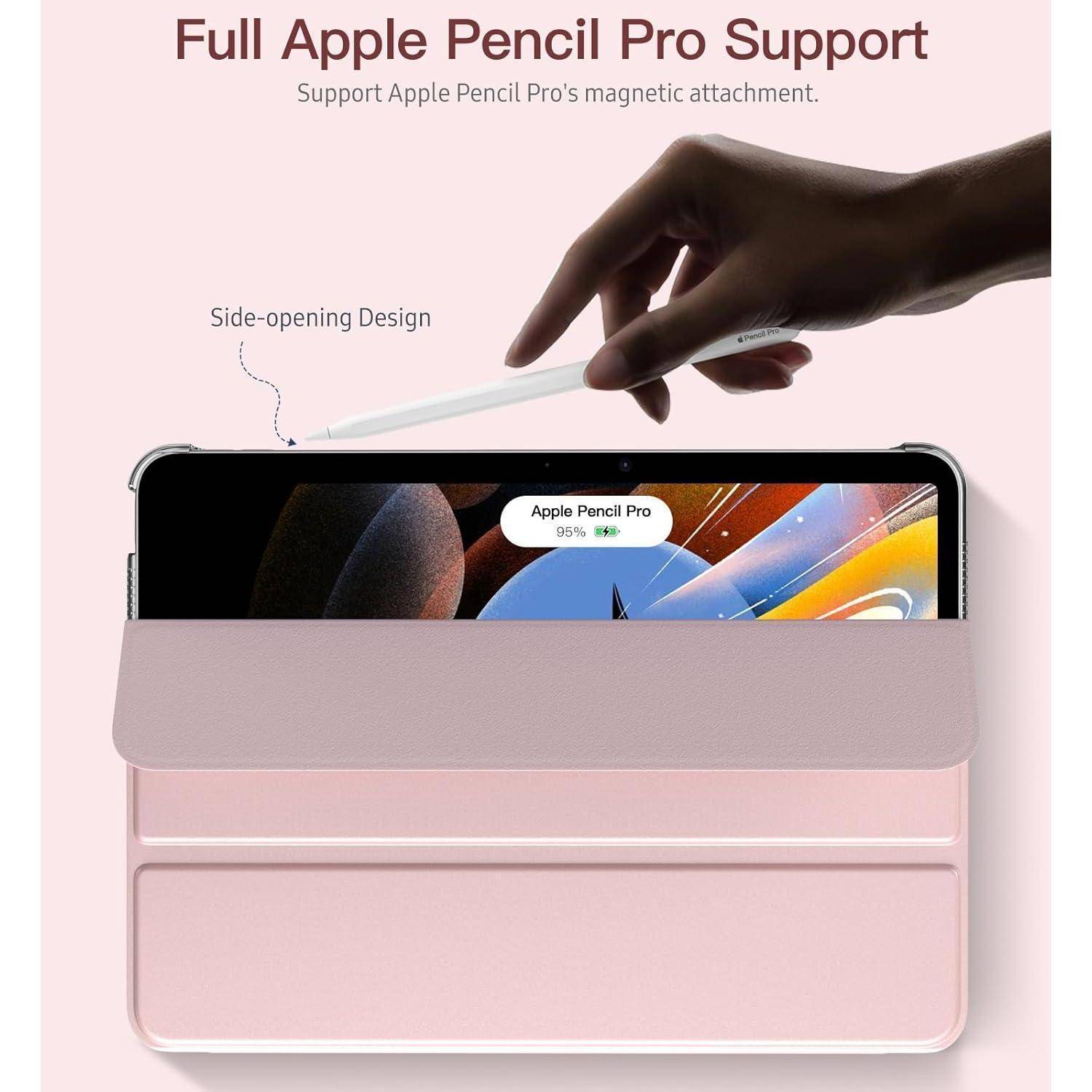Tablet-Schutzhülle mit Seitenöffnungs-Design mit Unterstützung für magnetische Apple Pencil Pro-Befestigung, mit einer Hand, die den Stylus über dem Tablet positioniert.
