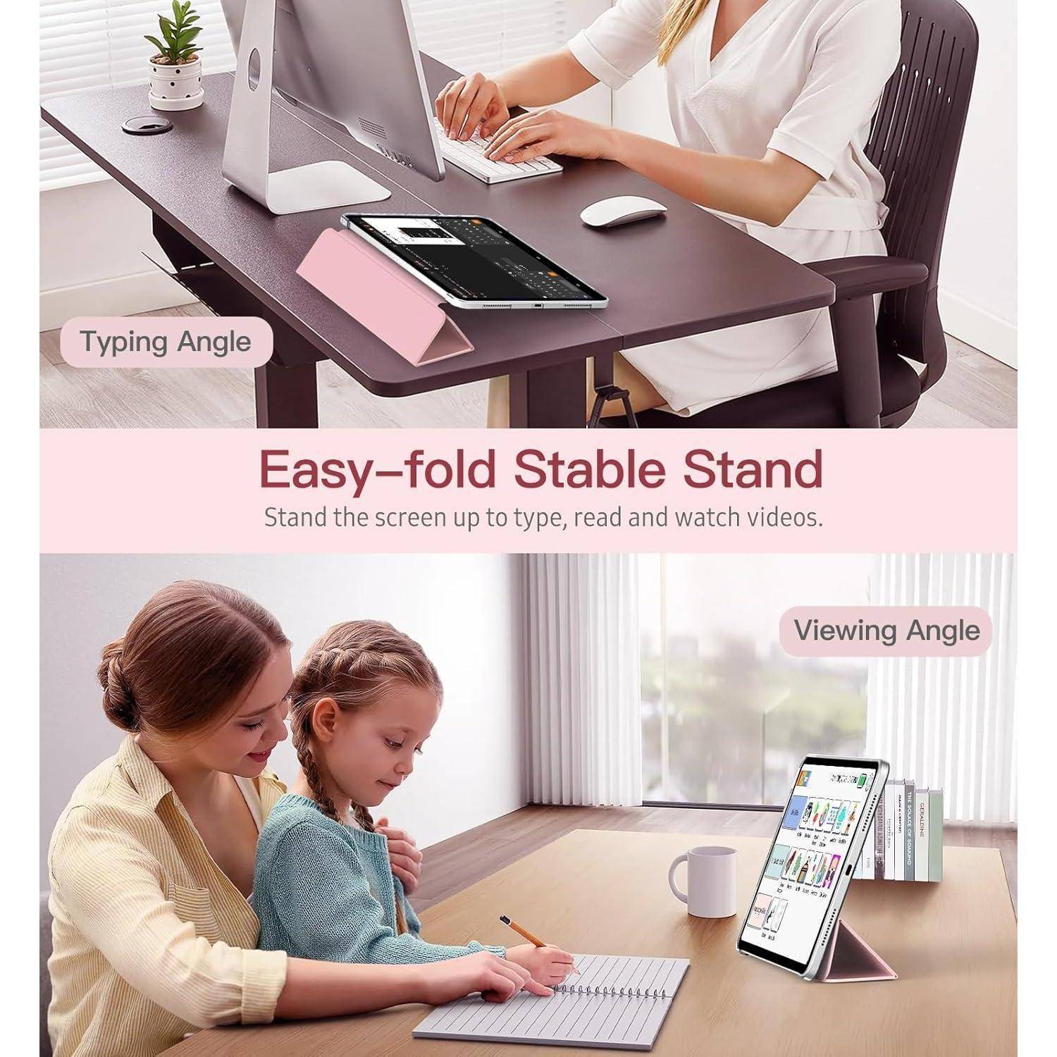 Werbebild, das einen leicht zu faltenden stabilen Tablet-Ständer in Tipp- und Anzeigeposition auf einem Schreibtisch zeigt, mit Beschriftungen „Tippwinkel" und „Anzeigewinkel"".