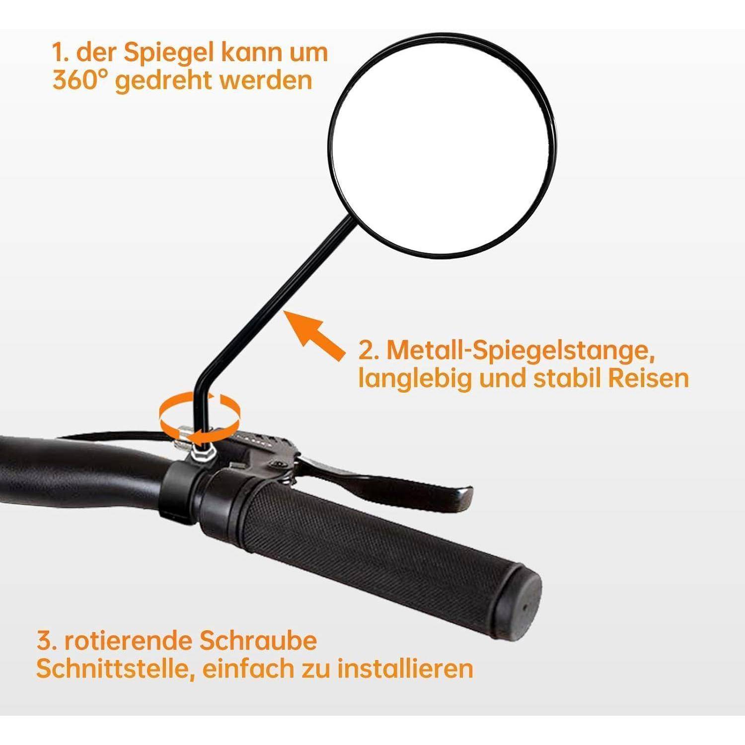 Kommentierter Motorrad-Lenkerspiegel mit 360°-Drehung, robustem Metallschaft und benutzerfreundlicher Befestigungsschraube mit Rotationsfunktion.
