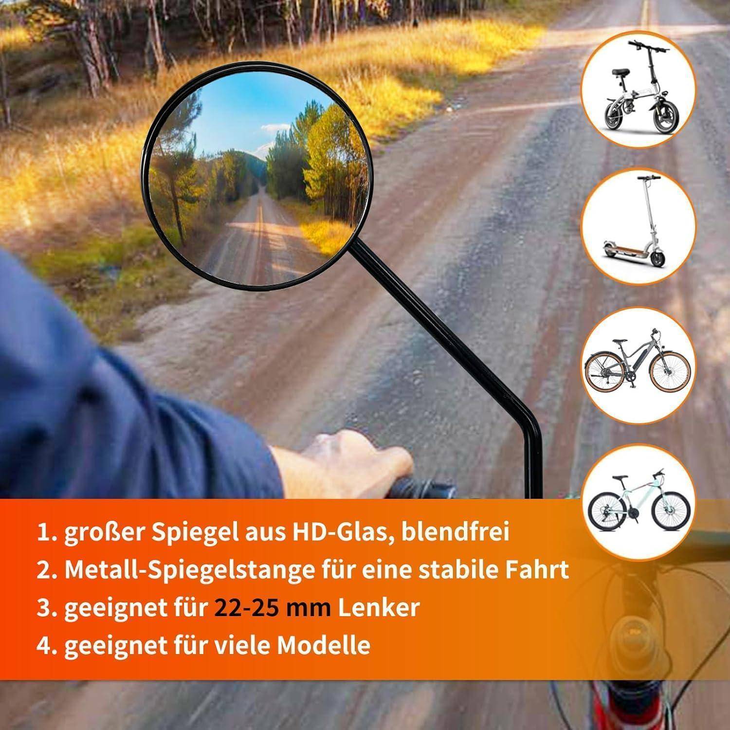 Fahrradlenkerrspiegel mit erweitertem Rückblick auf einer ländlichen Straße; Deutscher Text hebt HD-Glas, stabilen Metallschaft und Eignung für 22–25 mm Lenker hervor.