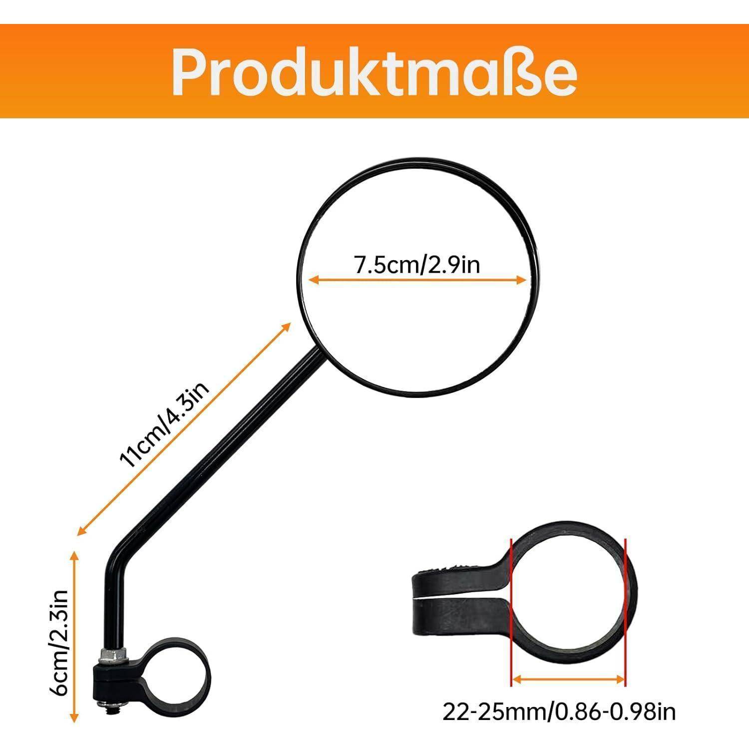 Produktabmessungsdiagramm eines schwarzen runden Spiegels: 7,5 cm Durchmesser, 11 cm Armlänge, 6 cm Basishöhe und Befestigungsring passt 22–25 mm.