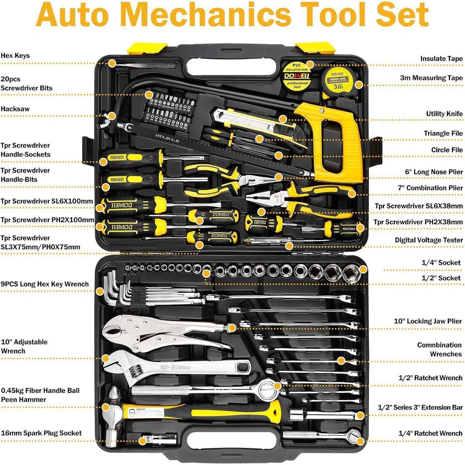 Beschrifteter Automechaniker-Werkzeugsatz in einem Hartschalenkoffer, der verschiedene Schraubenzieher, Bits, Zangen, Schraubenschlüssel, Steckdosen, einen Hammer, ein Universalmesser und ein Stahllineal zeigt.