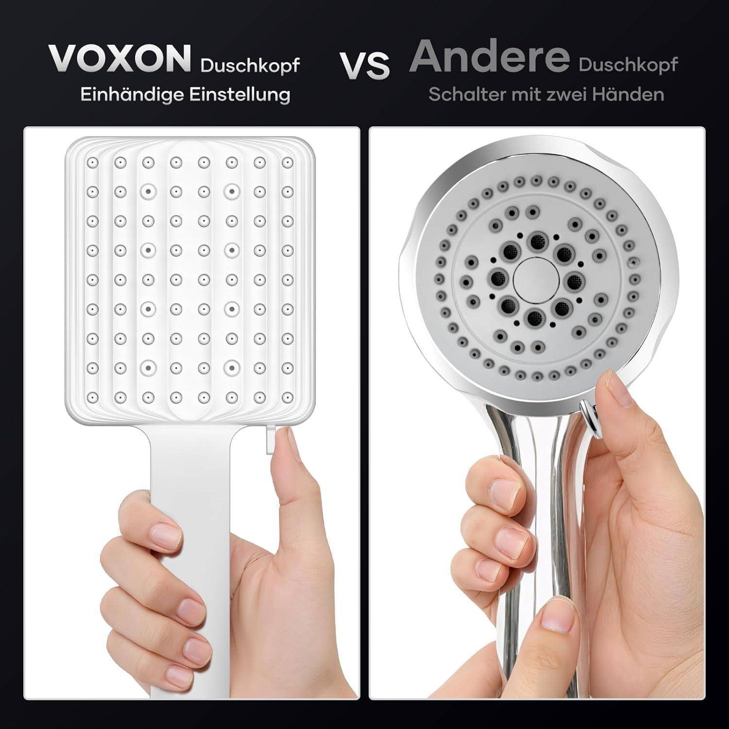 Vergleich von Duschköpfen nebeneinander: VOXON Einhandbedienung auf der linken Seite im Vergleich zu einer anderen Marke, die zwei Hände erfordert, auf der rechten Seite.
