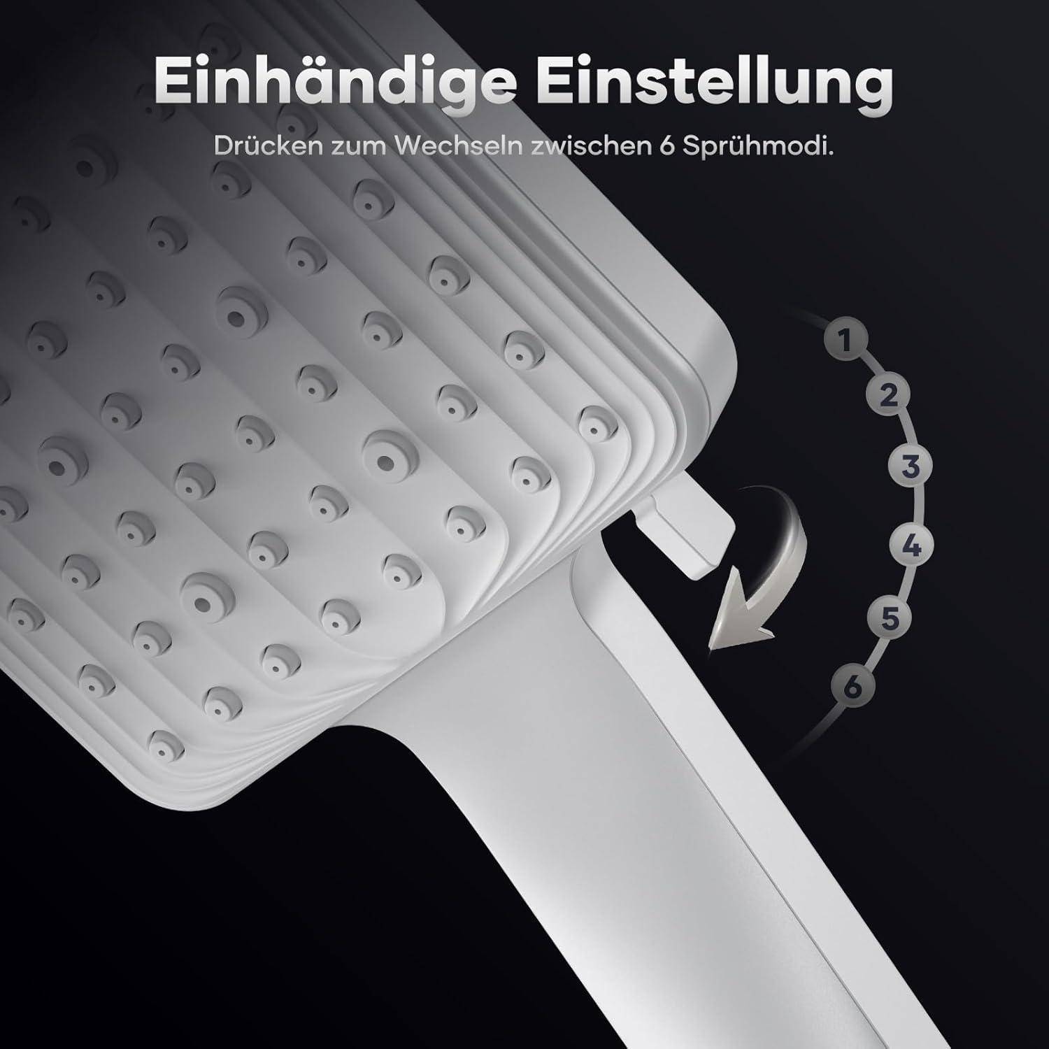 Duschkopf mit Knopf zum Umschalten zwischen 6 Sprühmodi; Deutscher Text lautet „Einhändige Einstellung