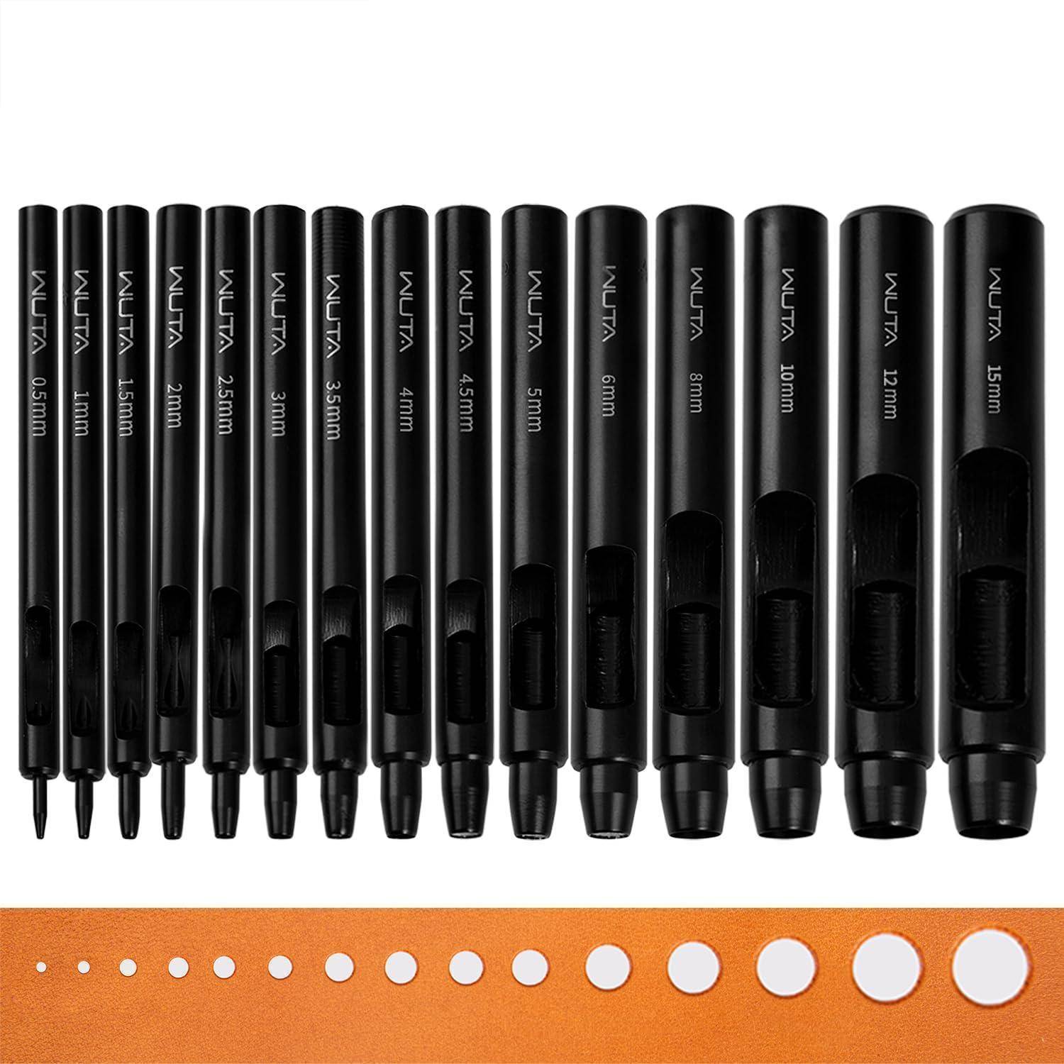 Satz schwarzer hohler Stanzwerkzeuge mit Beschriftung von 0,5 mm bis 15 mm, mit entsprechenden Größenlöchern, die in einem Musterstreifen darunter gezeigt werden.