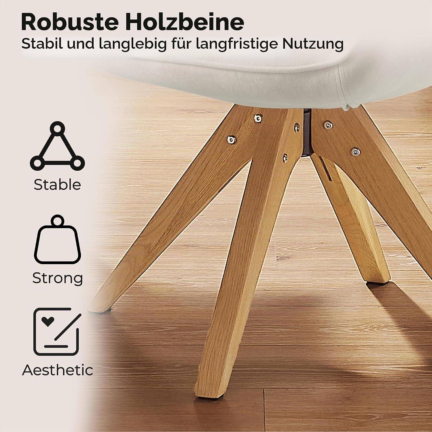 Werbebild eines Stuhls mit robusten Holzbeinen auf einem Holzboden, mit der Bezeichnung „Robuste Holzbeine