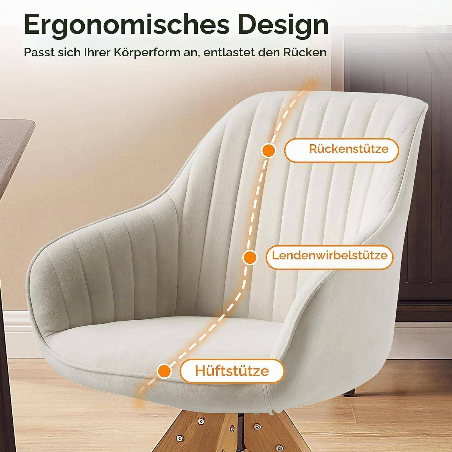 Ergonomischer weißer Stuhl mit gekennzeichneten Unterstützungszonen für Rücken, Lendenwirbelsäule und Hüften; deutscher Text hebt körpergerechte Gestaltung und Rückenentlastung hervor.