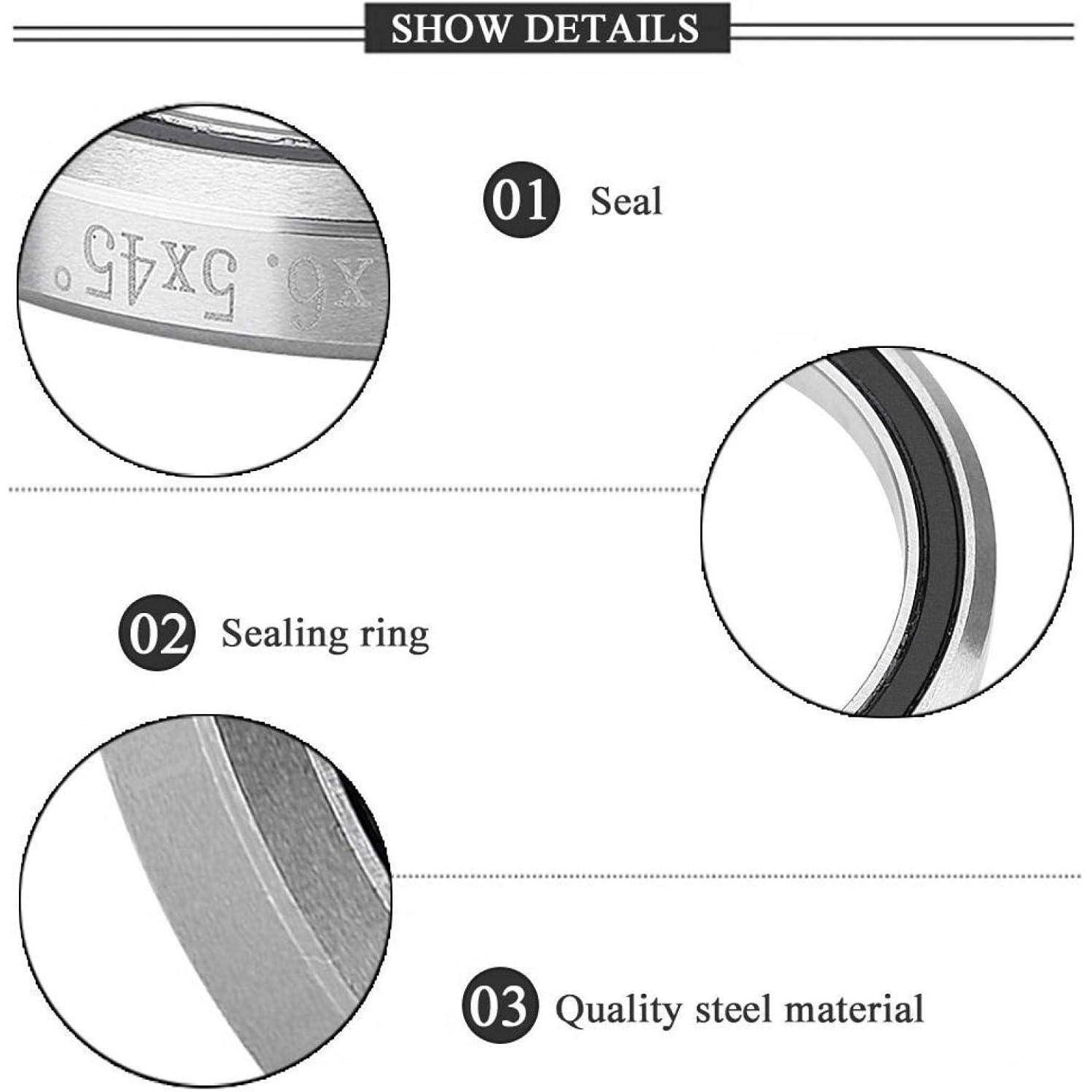 Produktdetail-Grafik mit dem Titel „DETAILS ANZEIGEN" mit Dichtung, Dichtungsring und hochwertigem Stahlmaterial in drei Nahaufnahmekreisen.