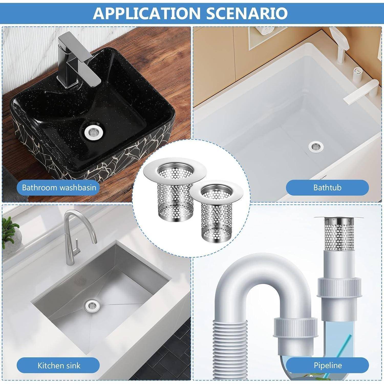 Anwendungsszenario-Collage, die einen Ablauffilter zeigt, der in einem Badezimmer-Waschbecken, einer Badewanne, einem Küchenspülbecken und einer Rohrleitung verwendet wird.