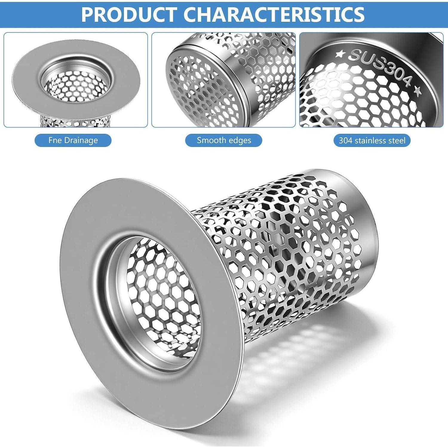 Produktmerkmale eines Abflussfilters aus Edelstahl 304 mit feiner Drainage, glatten Kanten und perforiertem Maschendesign.