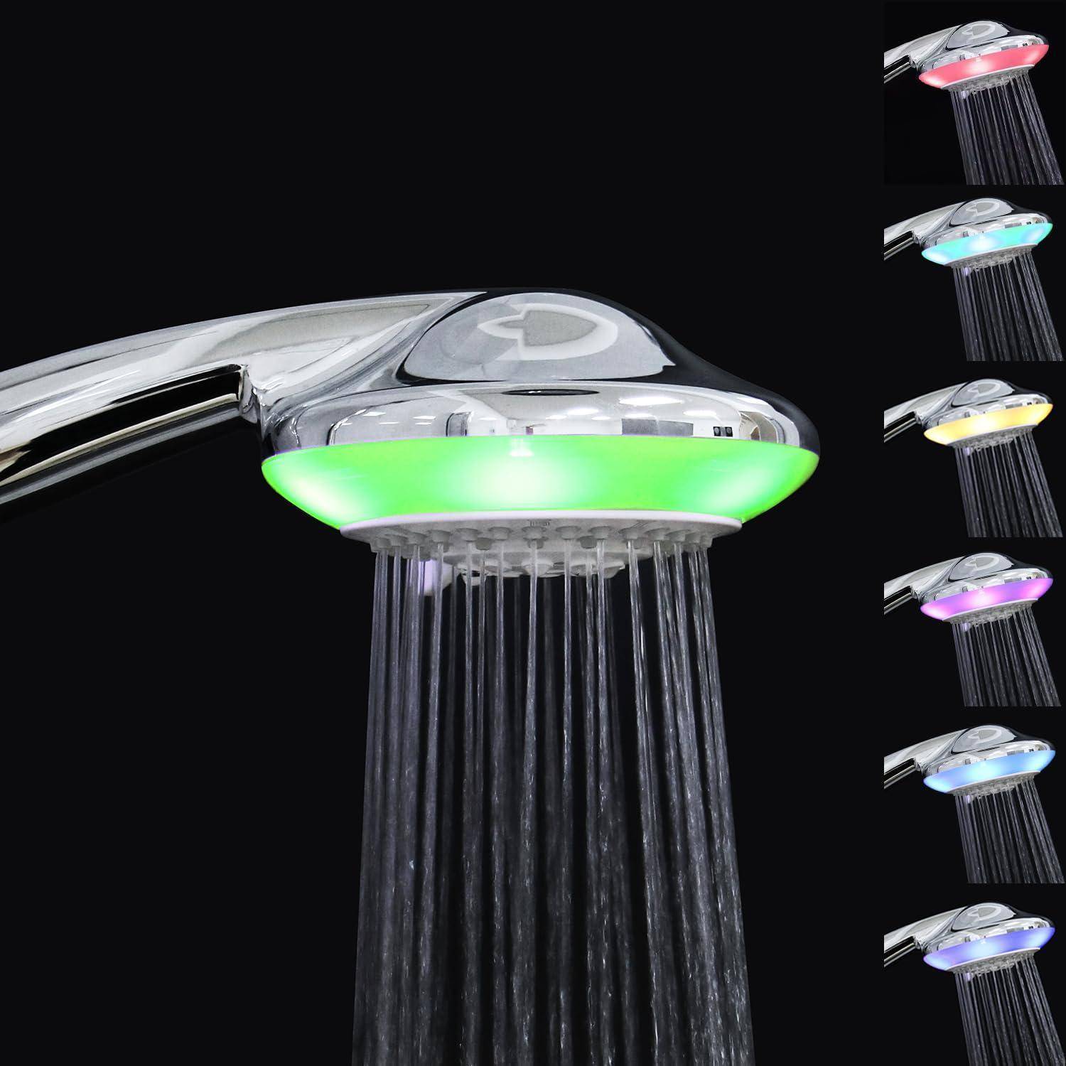 Verchromter tragbarer Duschkopf sprüht Wasser, mit einem leuchtenden LED-Ring, der die Farbe in kleinen Vorschaubildern entlang der rechten Seite wechselt.