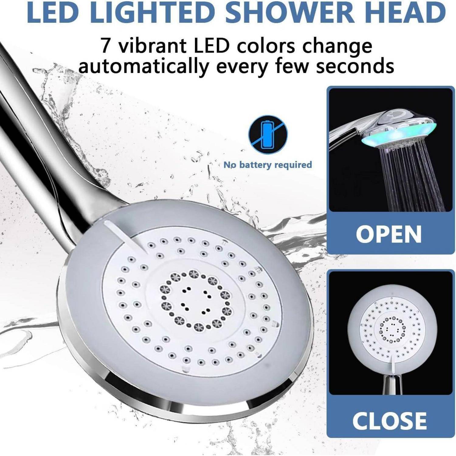 Werbebild eines LED-beleuchteten Duschkopfes mit 7 Farben wechselnden LEDs, keine Batterie erforderlich, und offene und geschlossene Ansichten.