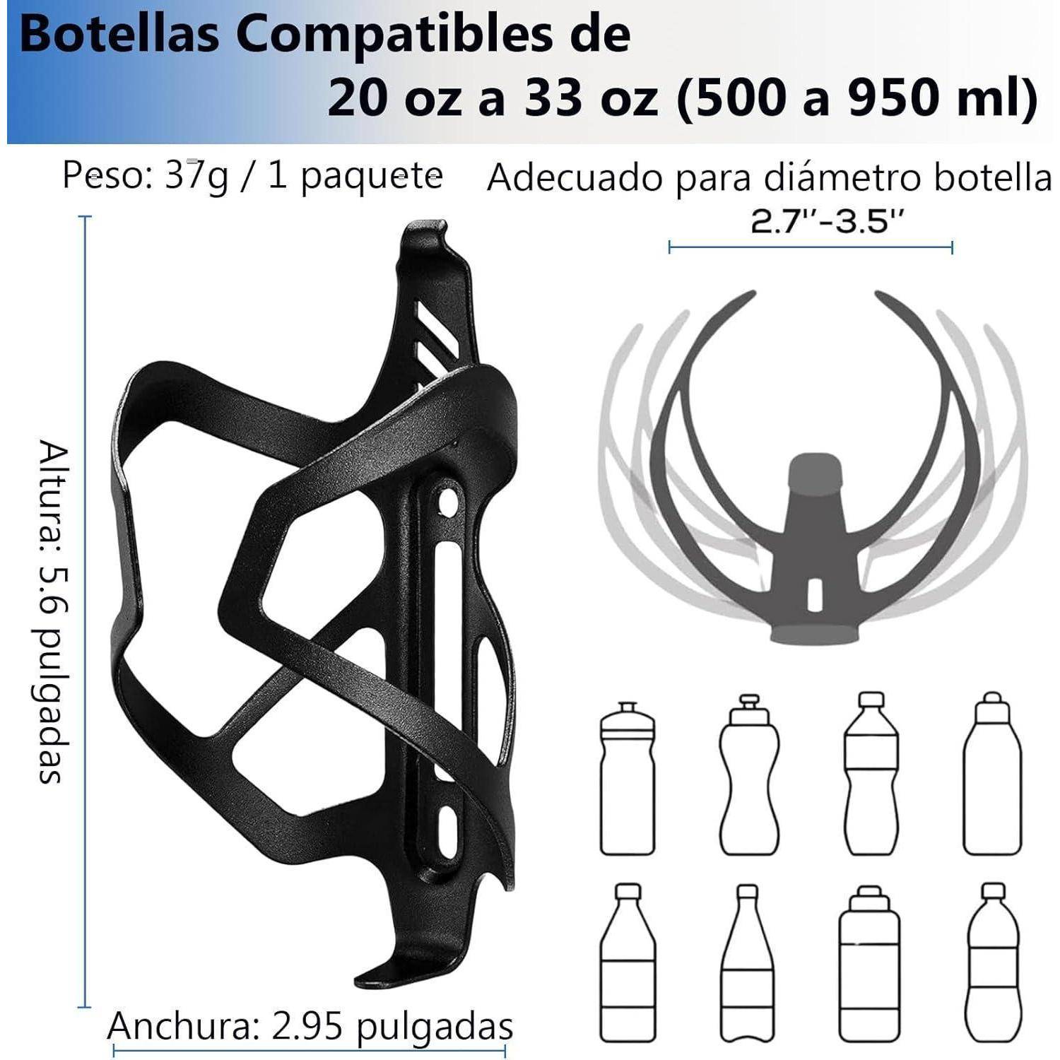 Spanisches Produktdiagramm einer schwarzen Fahrraddurchsteckhaltung, das die Kompatibilität mit 20-oz- und 33-oz-Flaschen, Abmessungen, Gewicht und Flaschenduchmesserbereich anzeigt.