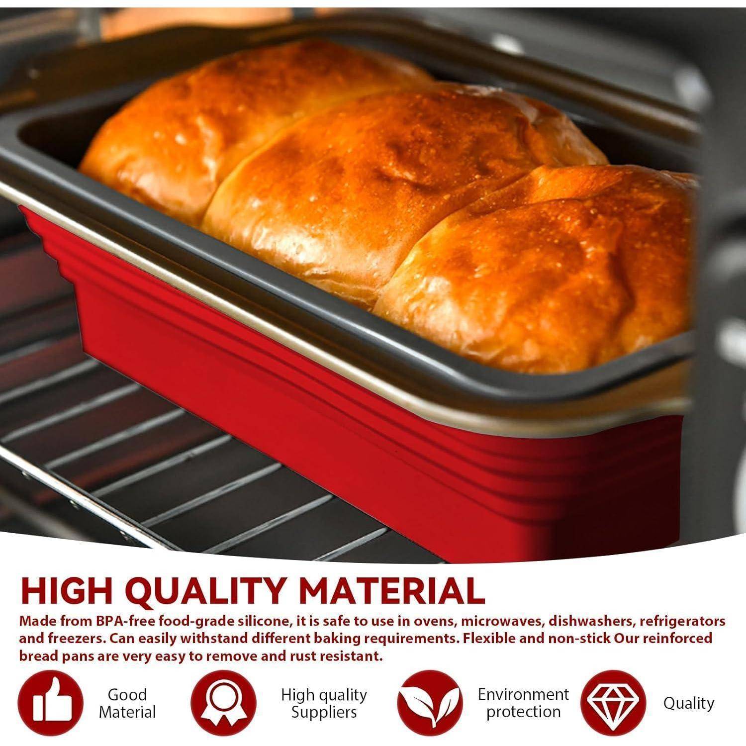 Frisch gebackenes goldbraunes Brot in einer roten Silikonbrotform; Werbetexte darunter preisen hochwertiges, BPA-freies, hitzebeständiges Material an.
