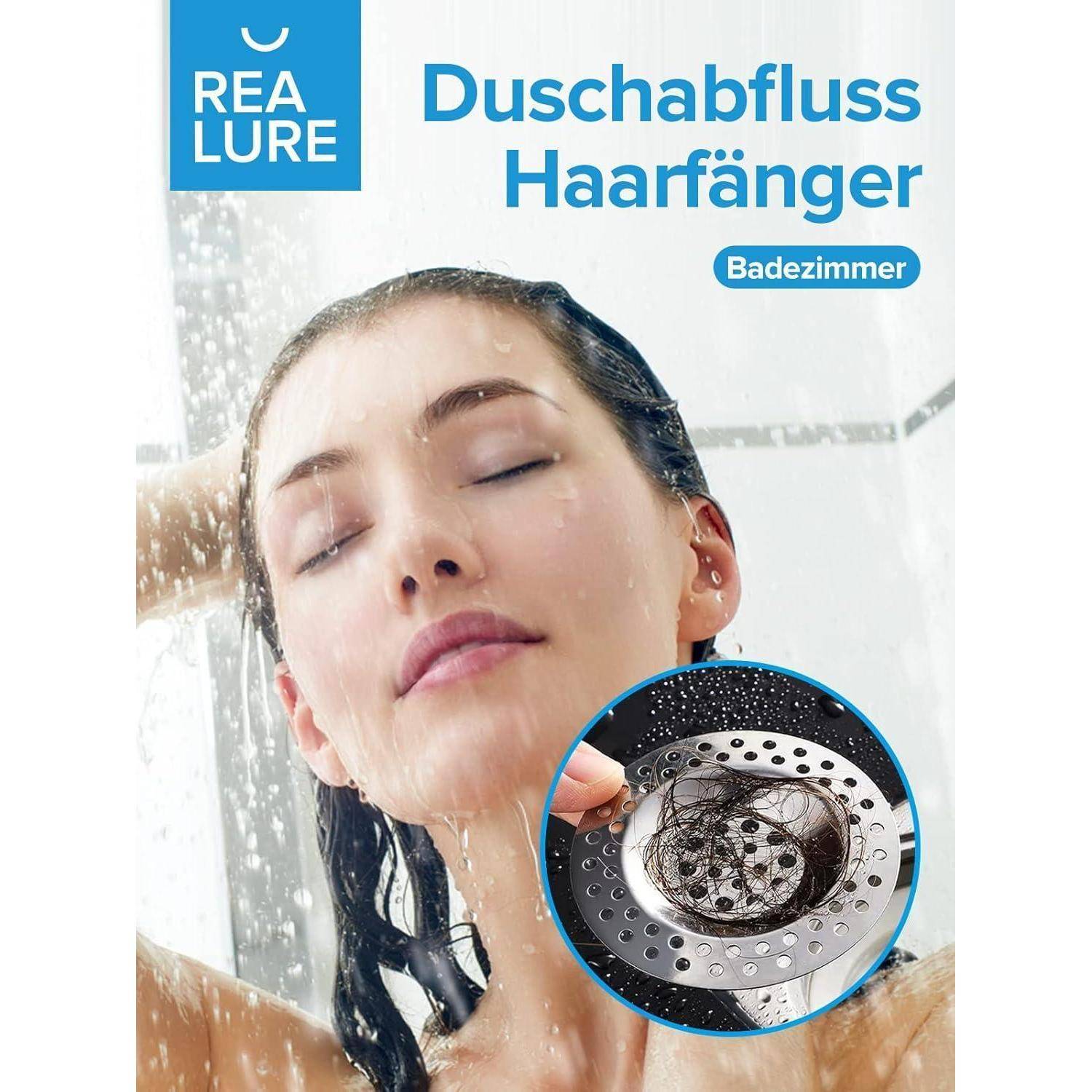 Frau unter der Dusche mit geschlossenen Augen; Inset zeigt einen Duschabfluss-Haarfänger. Der Text lautet „Duschabfluss Haarfänger