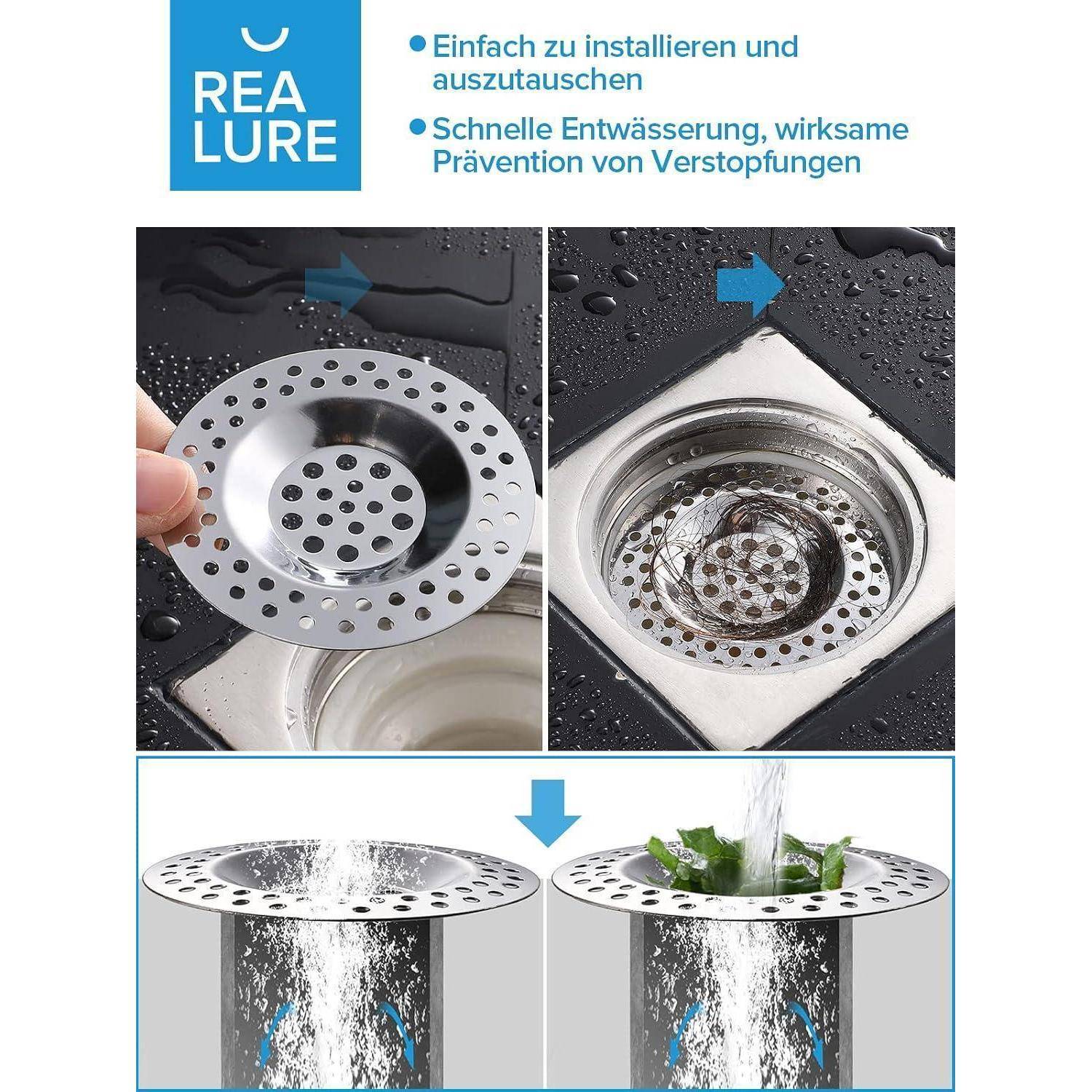 Anzeige für einen Edelstahl-Spülbeckenablauf-Abdeckung und Sieb, das in einem Ablauf installiert ist, um schnelle Drainage zu ermöglichen und hilft, Verstopfungen zu verhindern.