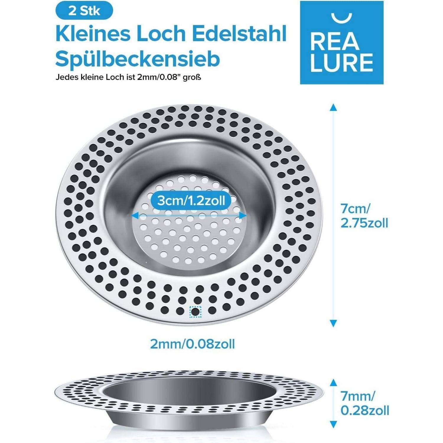 Set aus 2 Edelstahl-Spülensieben mit kleinen Löchern, zeigt Abmessungen von 7 cm Breite, 3 cm Mittelöffnung und 2 mm Löcher.