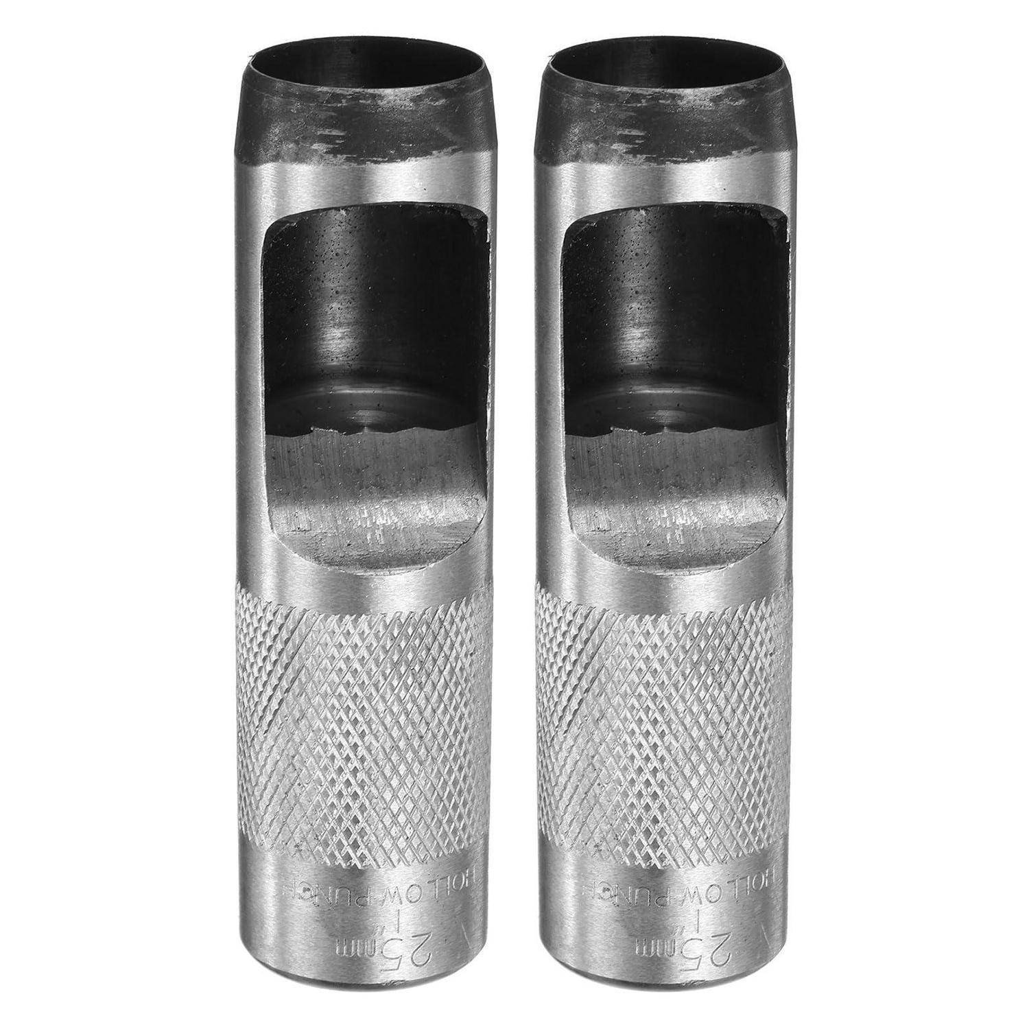 Zwei metallische hohle Schlagstempel nebeneinander, jeder mit großem seitlichem Fenster und gerilltem Griff, auf weißem Hintergrund.