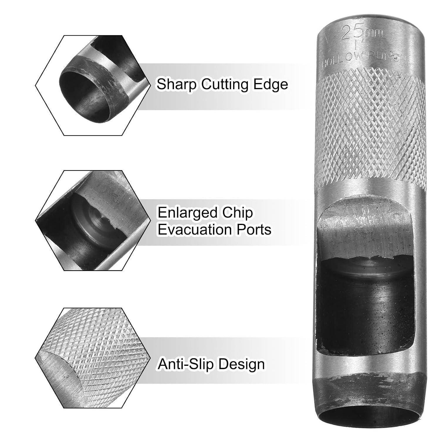 Annotiertes Produktbild einer Metallrohrschneidemaschine mit scharfer Schneidekante, vergrößerten Spanabfuhrlöchern und rutschfestem gekerbtem Griff.