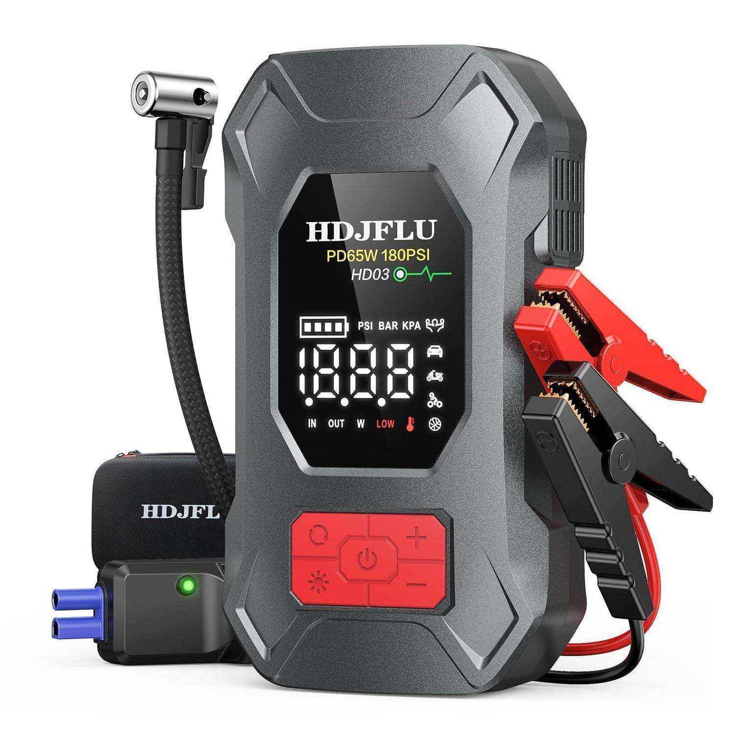 Tragbarer HDJFLU-Reifenaufpumper und Starthilfegerät mit digitaler Anzeige, Schlauch und roten/schwarzen Batterieklemmen.