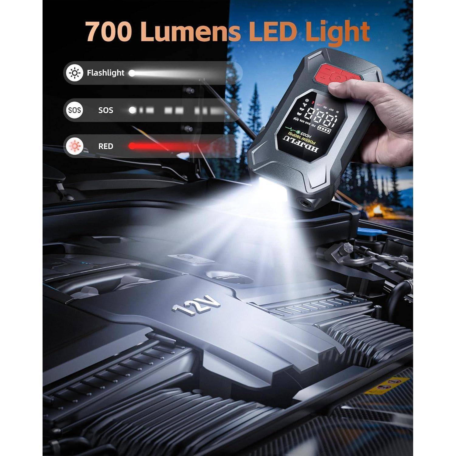 Tragbare 700-Lumen-LED-Lampe leuchtet in den Motorraum eines Autos; Grafik zeigt Taschenlampe, SOS- und rote Modi.