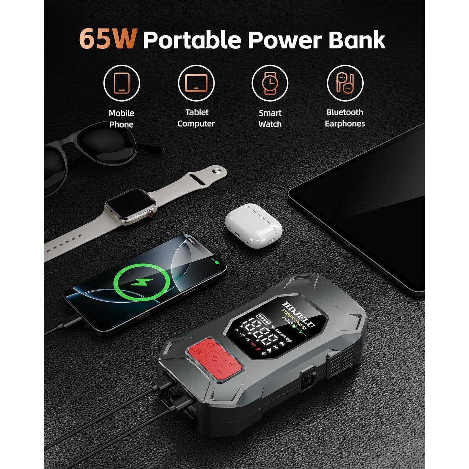 65-W-tragbare Powerbank lädt ein Telefon und Tablet auf einem dunklen Schreibtisch, mit Symbolen, die Kompatibilität mit Mobiltelefonen, Tablets, Smartwatches und Bluetooth-Kopfhörern anzeigen.