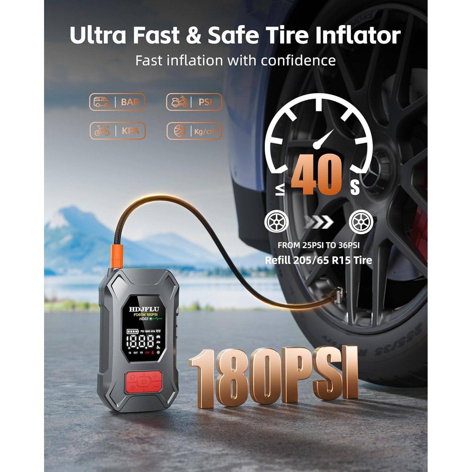 Werbebild eines tragbaren Reifenfüllers, der an einem Autoreifen befestigt ist, mit der Aufschrift „Ultra Fast & Safe Tire Inflator