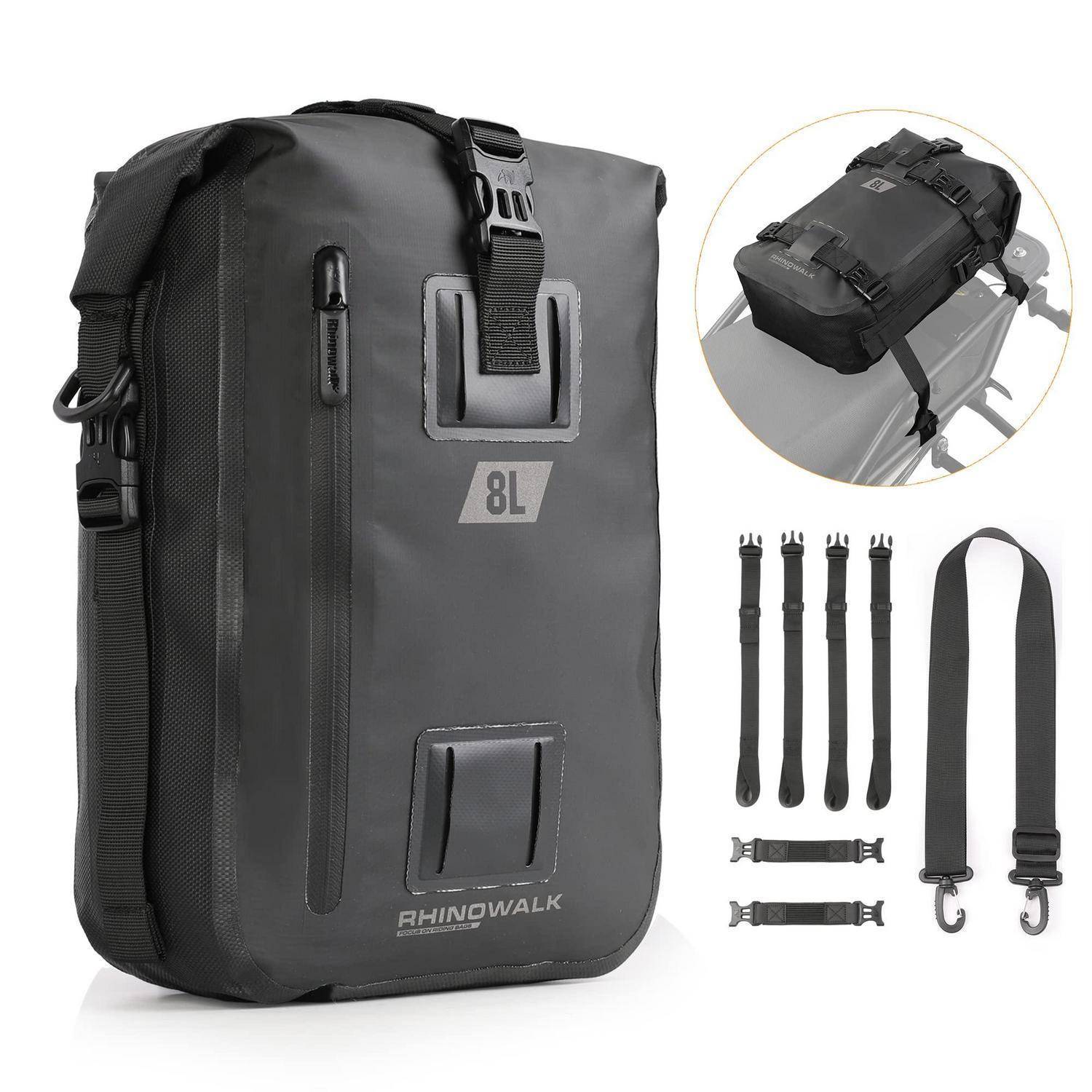 Schwarzer 8L wasserdichter Rucksack mit Rolltop-Verschluss, Frontverschluss mit Reißverschluss, Schnallengurten und mitgelieferten Montagegurten, die als Zubehör gezeigt werden.
