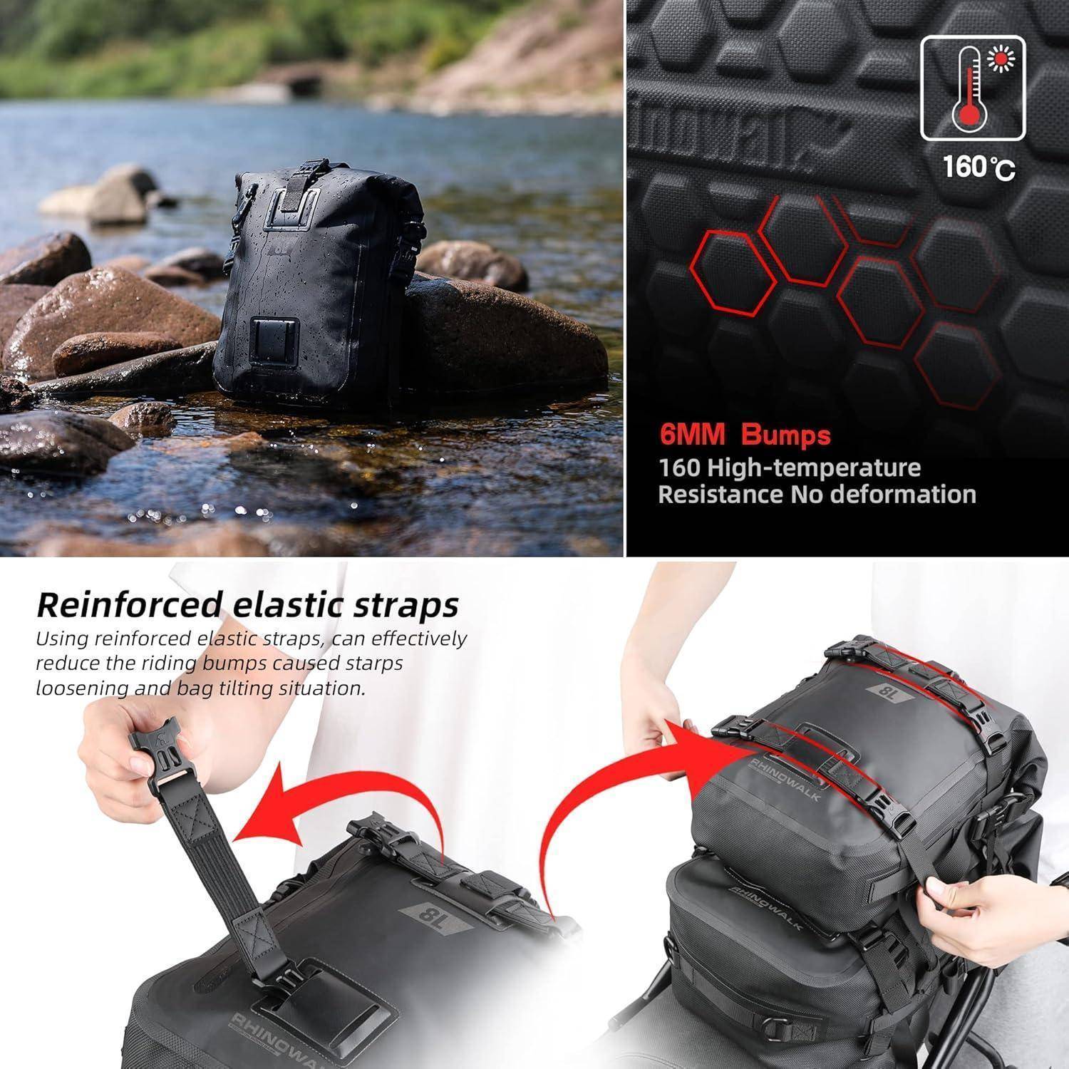 Wasserdichter Rucksack auf Steinen mit Beschriftungen der Funktionen, die 160°C Wärmebeständigkeit, 6 mm Noppen und verstärkte elastische Riemen zur Verringerung der Lastverschiebung zeigen.