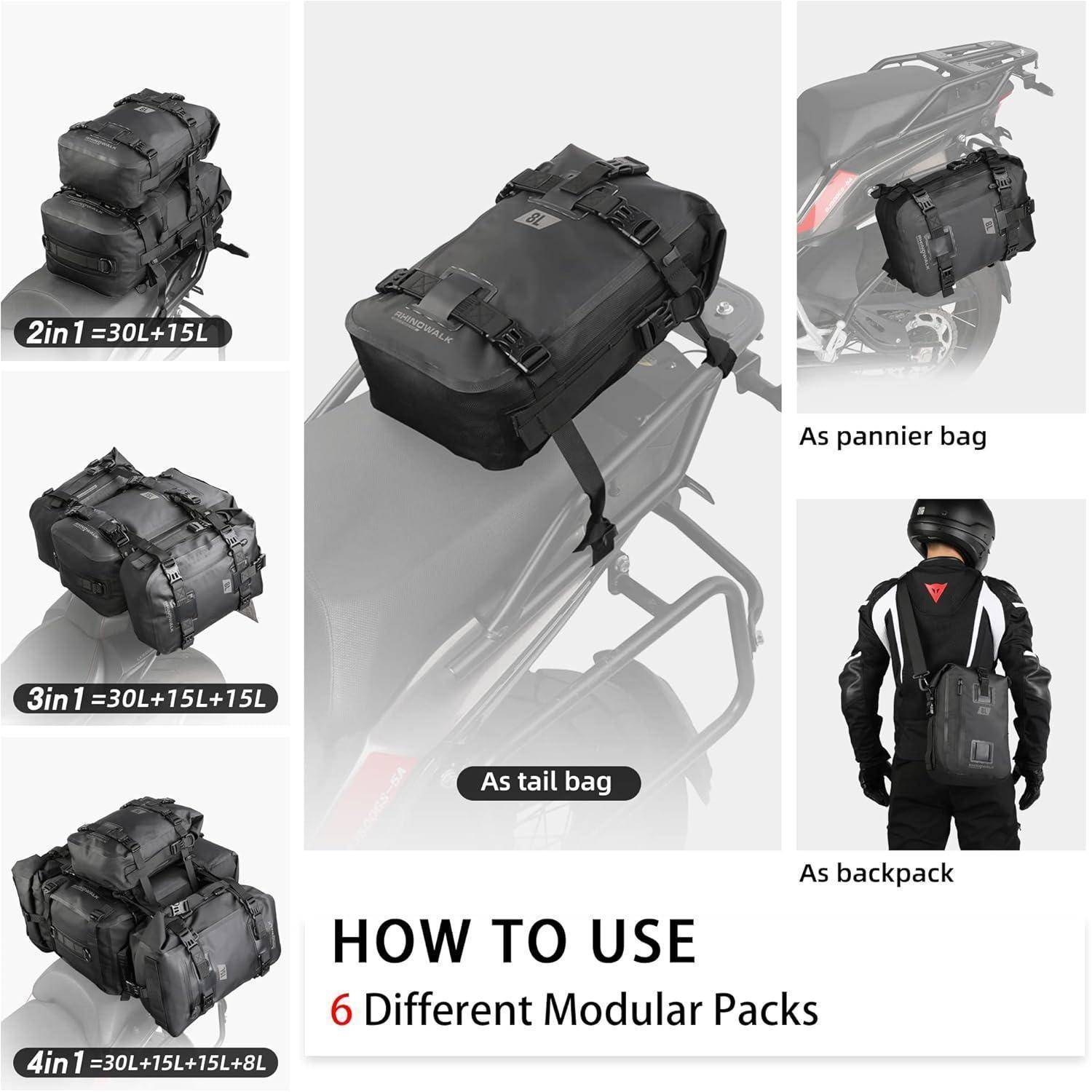 Produktanleitung-Grafik, die eine schwarze modulare Motorradtasche zeigt, die als Hecktasche, Seitentasche oder Rucksack verwendet wird, mit Text „Gebrauchsanleitung" und „6 verschiedene modulare Taschen"".
